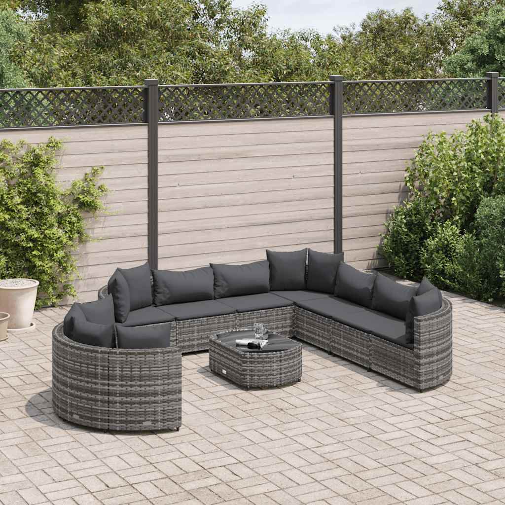 10 Pcs conjunto sofás de jardim c/ almofadões vime PE cinzento