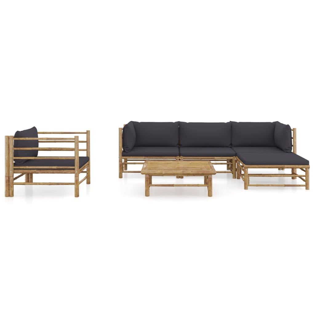 6 Pcs conj. lounge jardim em bambu c/ almofadões cinza-escuro