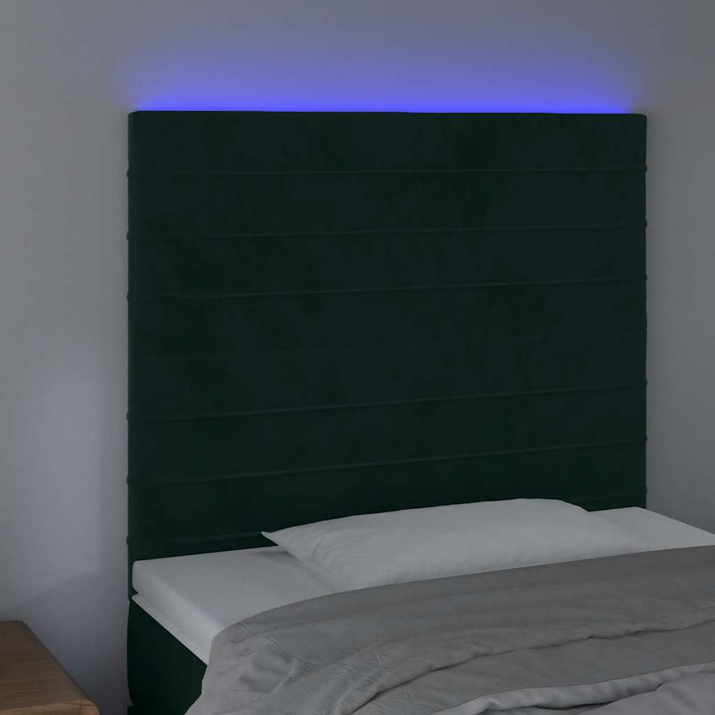 Cabeceira de cama c/ LED veludo 100x5x118/128 cm verde-escuro