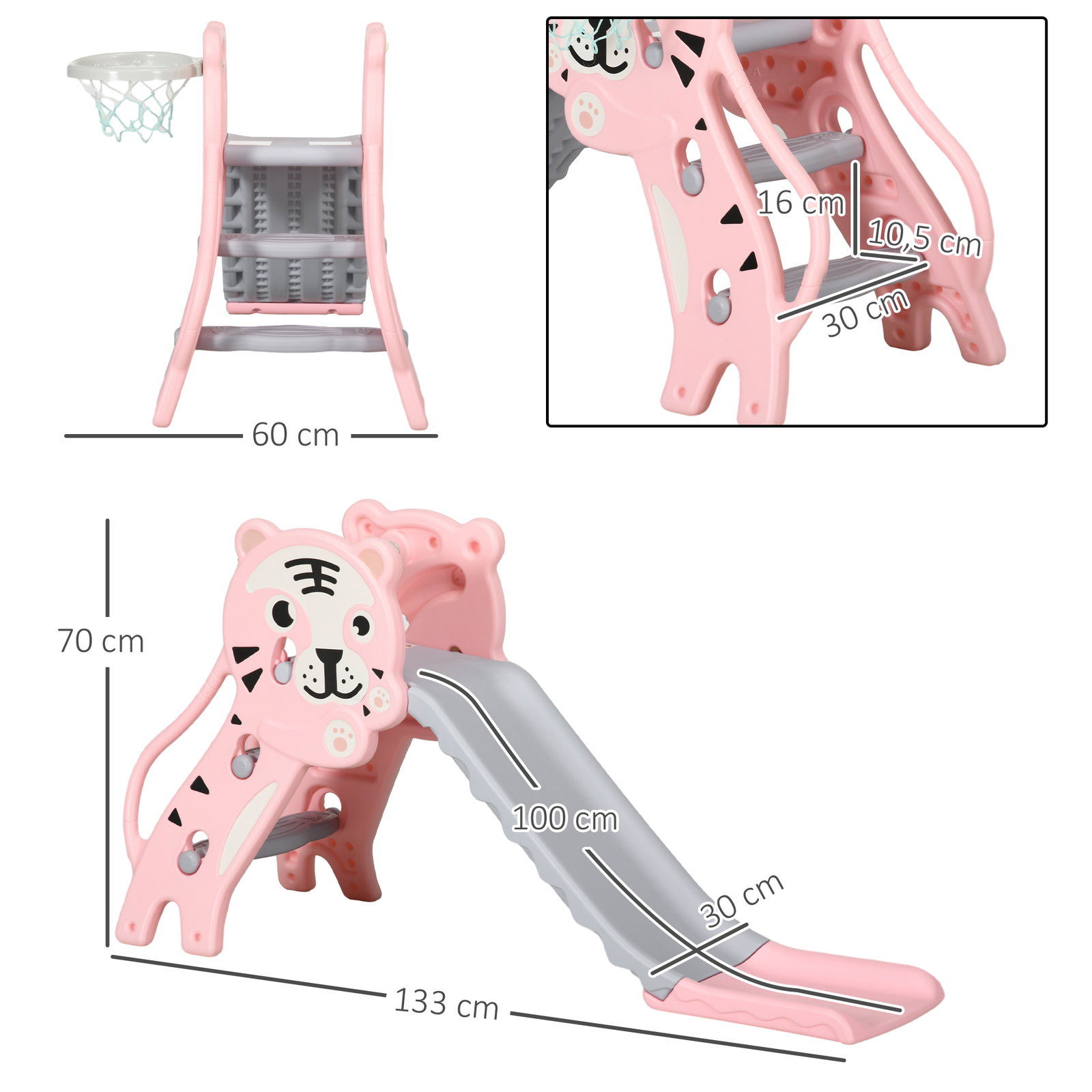 Escorrega para crianças 2 em 1 com 2 degraus cesta de basquetebol e desenho de tigre para interior 133x60x70 cm rosa