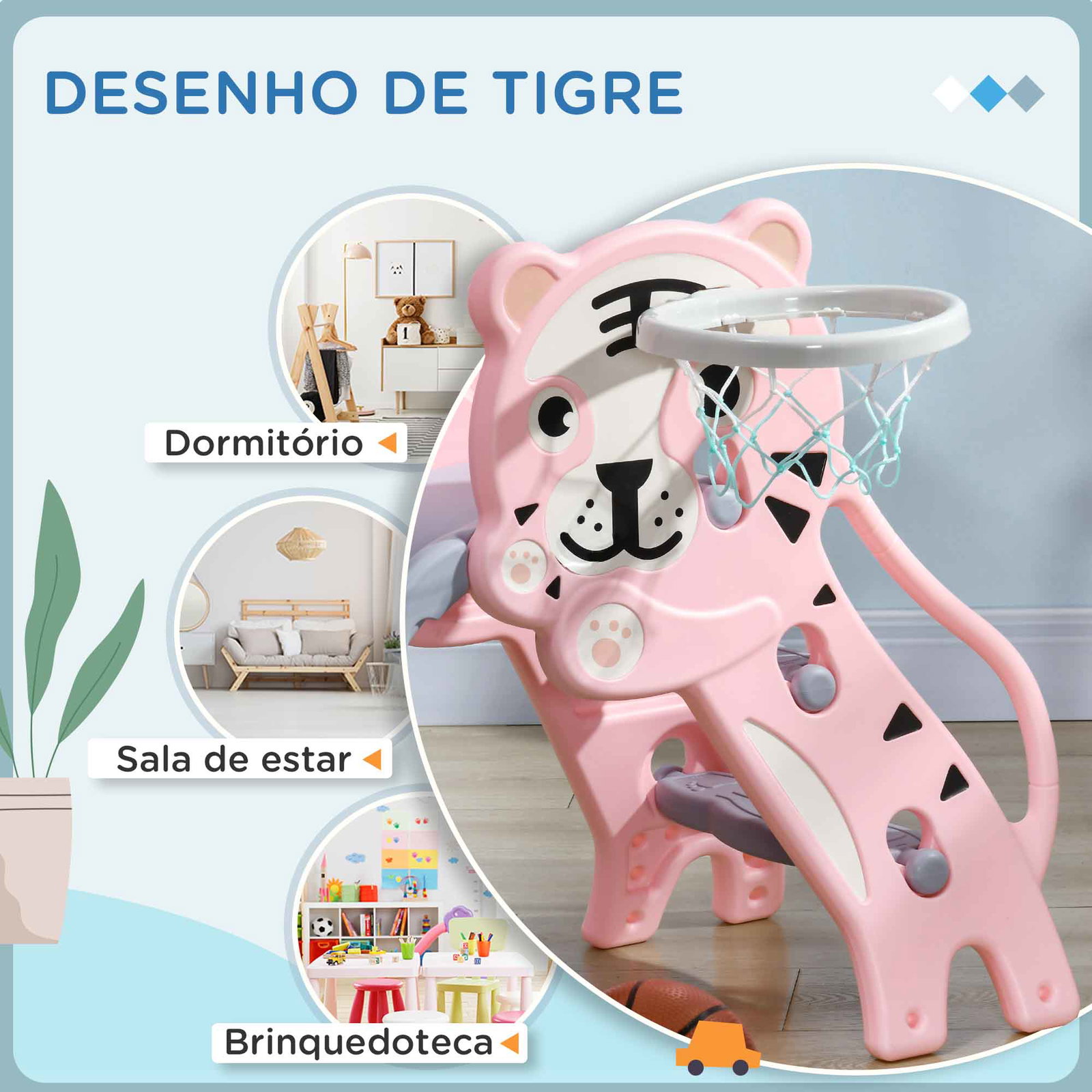 Escorrega para crianças 2 em 1 com 2 degraus cesta de basquetebol e desenho de tigre para interior 133x60x70 cm rosa