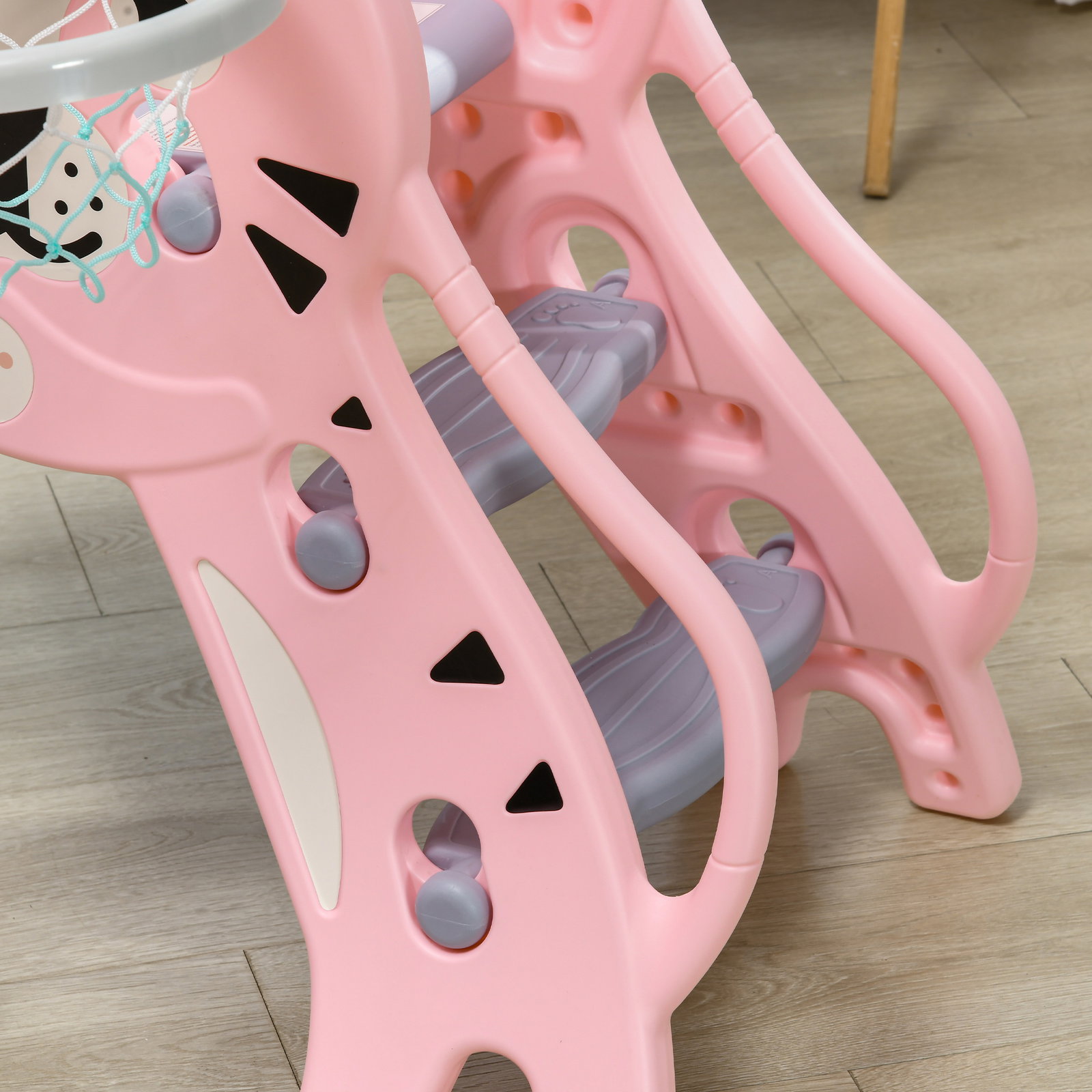 Escorrega para crianças 2 em 1 com 2 degraus cesta de basquetebol e desenho de tigre para interior 133x60x70 cm rosa