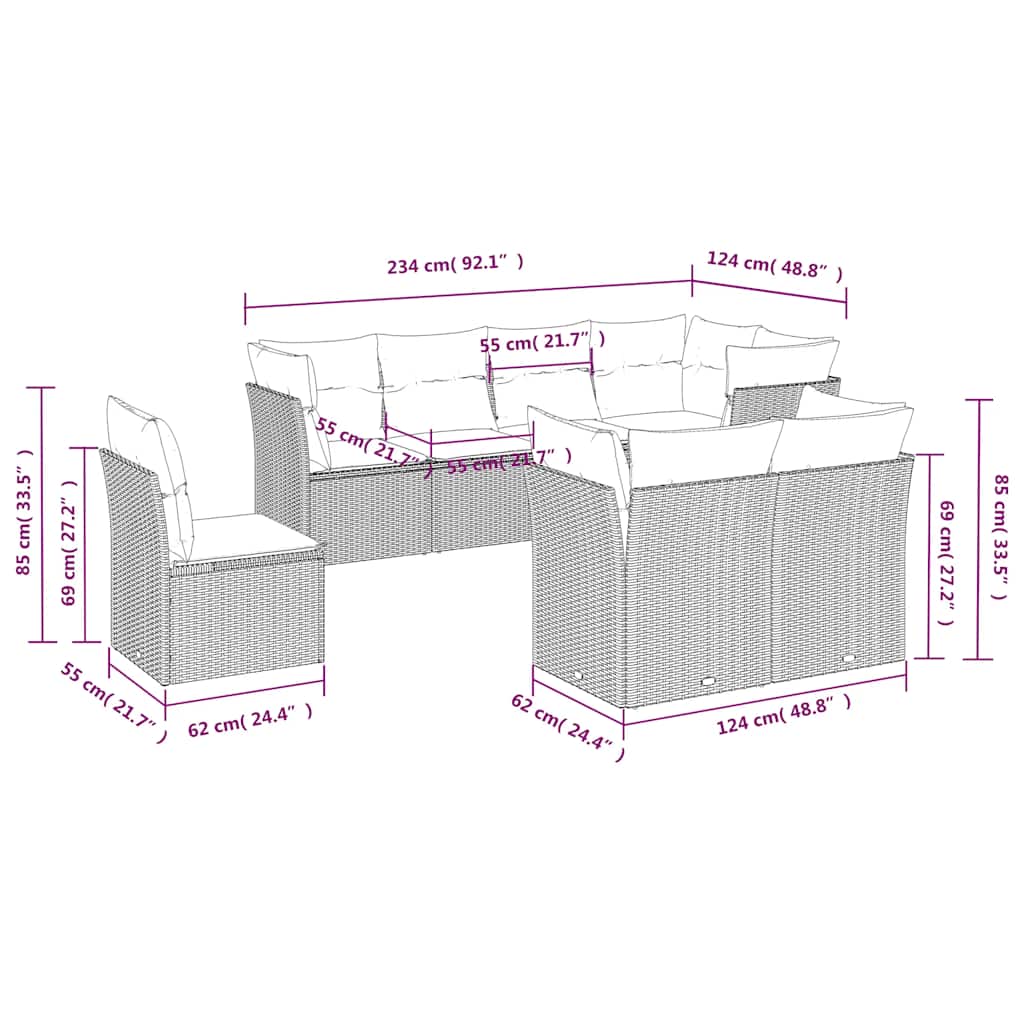 8 Pcs conjunto sofás de jardim com almofadões vime PE preto