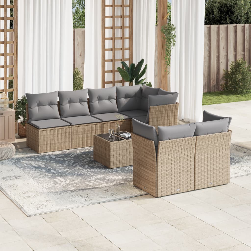 8 Pcs conjunto de sofás p/ jardim com almofadões vime PE bege
