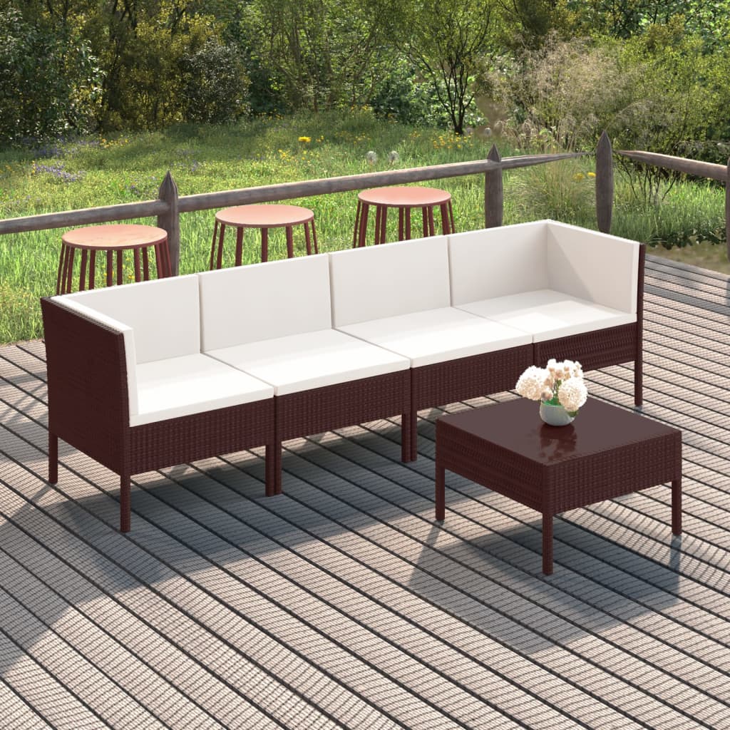 5 Pcs conjunto lounge jardim c/ almofadões vime PE castanho