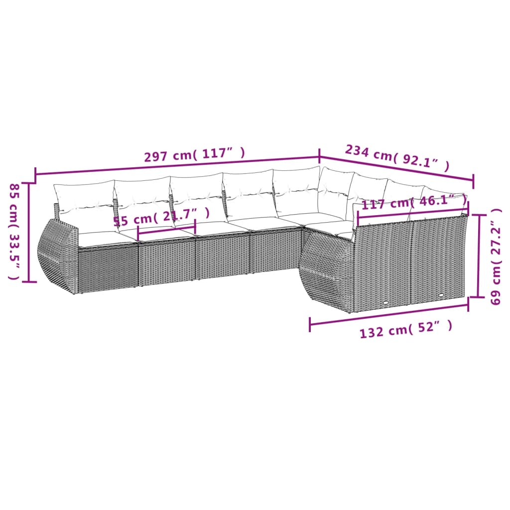 9 Pcs conjunto sofás p/ jardim com almofadões vime PE cinzento