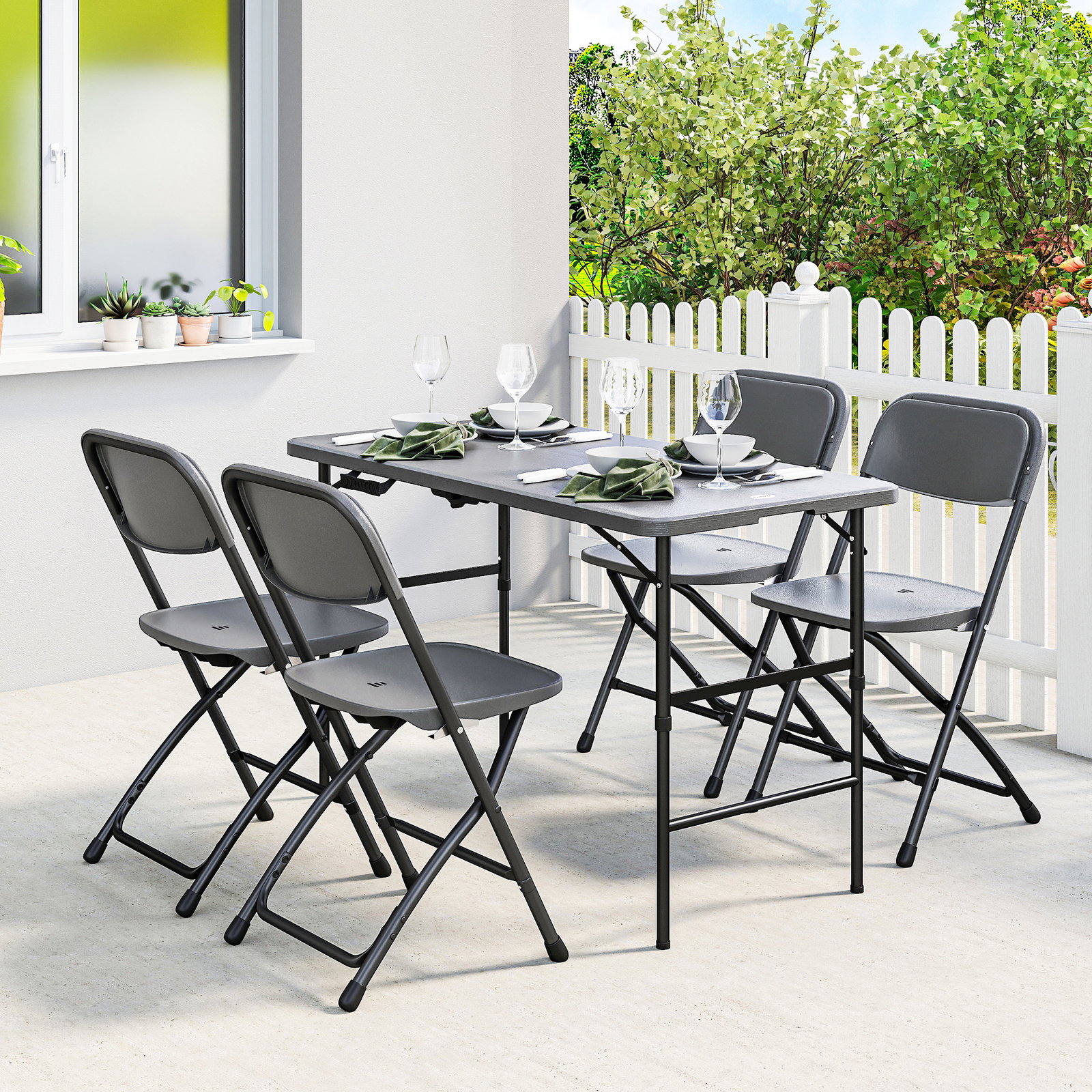 Conjunto de mesa e cadeiras de jardim com mesa dobrável ajustável de 55 a 74 cm e 4 cadeiras dobráveis para terraço cinzento