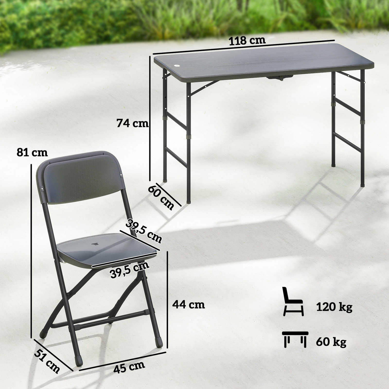 Conjunto de mesa e cadeiras de jardim com mesa dobrável ajustável de 55 a 74 cm e 4 cadeiras dobráveis para terraço cinzento