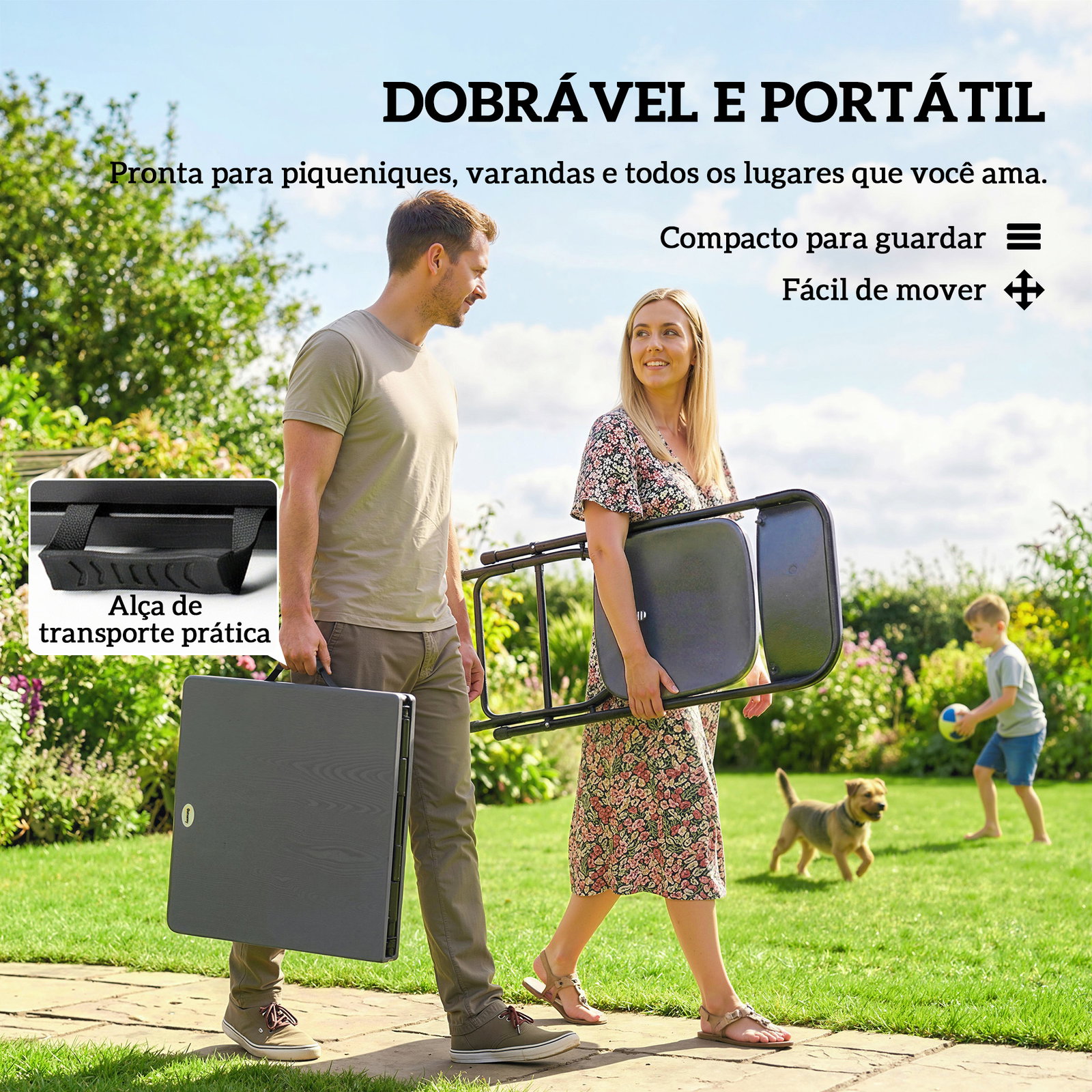 Conjunto de mesa e cadeiras de jardim com mesa dobrável ajustável de 55 a 74 cm e 4 cadeiras dobráveis para terraço cinzento