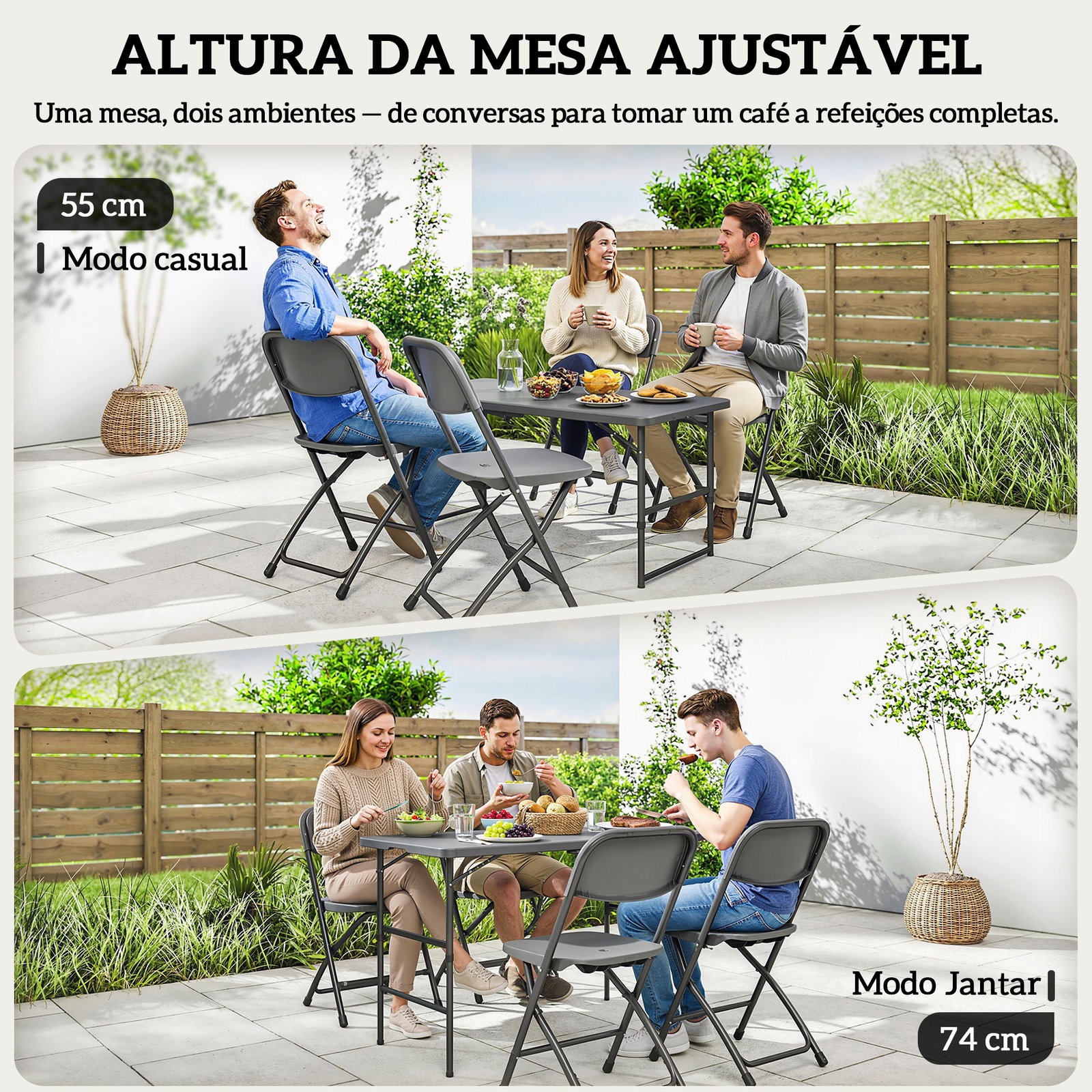 Conjunto de mesa e cadeiras de jardim com mesa dobrável ajustável de 55 a 74 cm e 4 cadeiras dobráveis para terraço cinzento