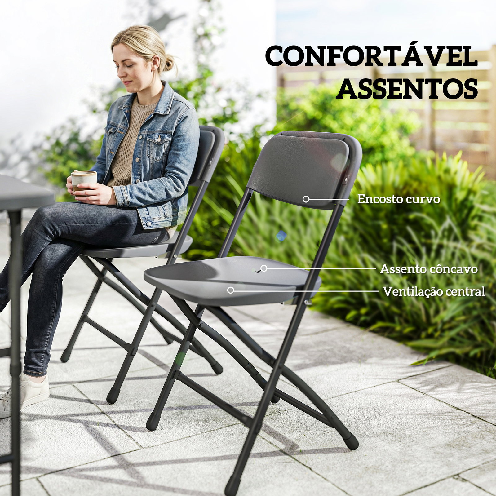 Conjunto de mesa e cadeiras de jardim com mesa dobrável ajustável de 55 a 74 cm e 4 cadeiras dobráveis para terraço cinzento