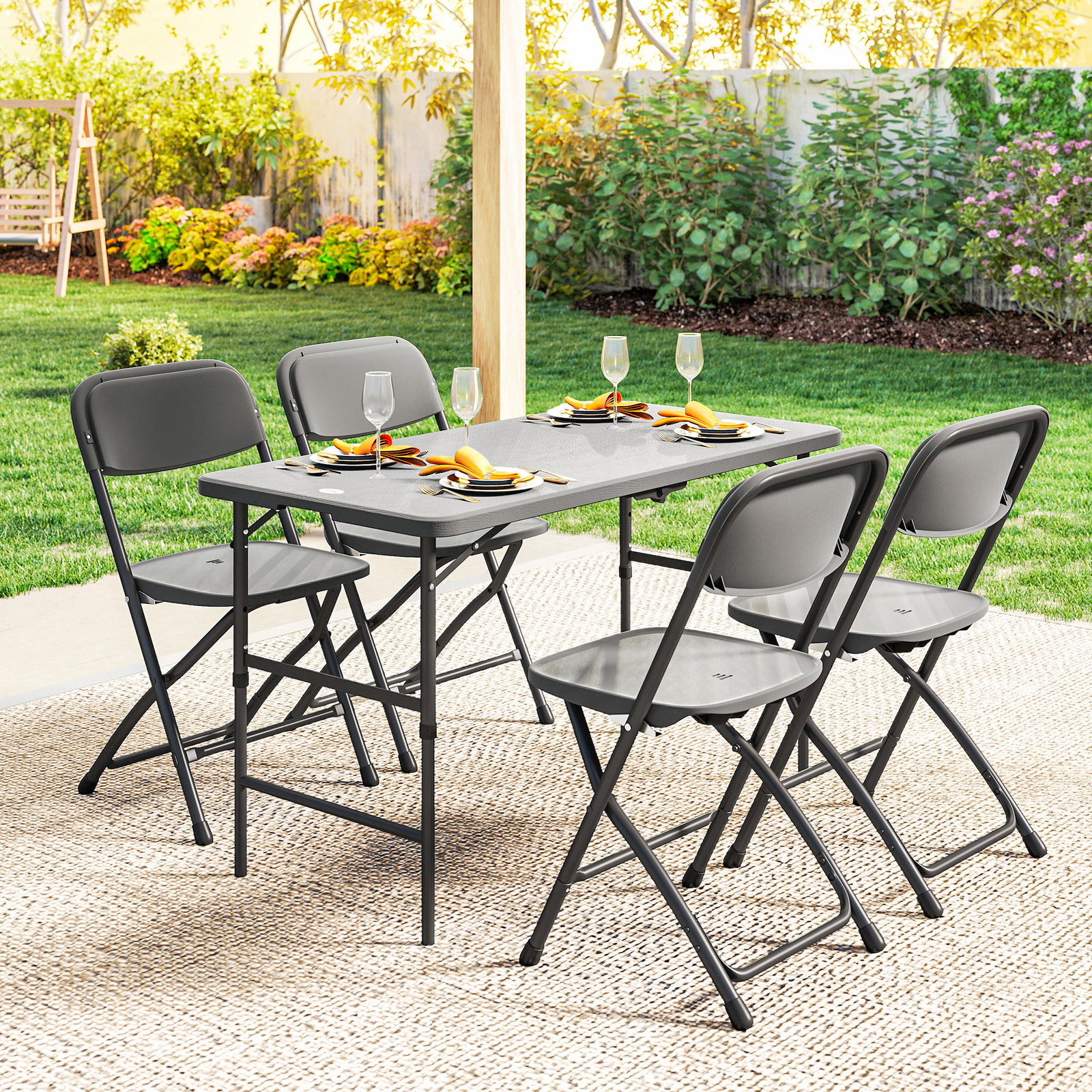 Conjunto de mesa e cadeiras de jardim com mesa dobrável ajustável de 55 a 74 cm e 4 cadeiras dobráveis para terraço cinzento