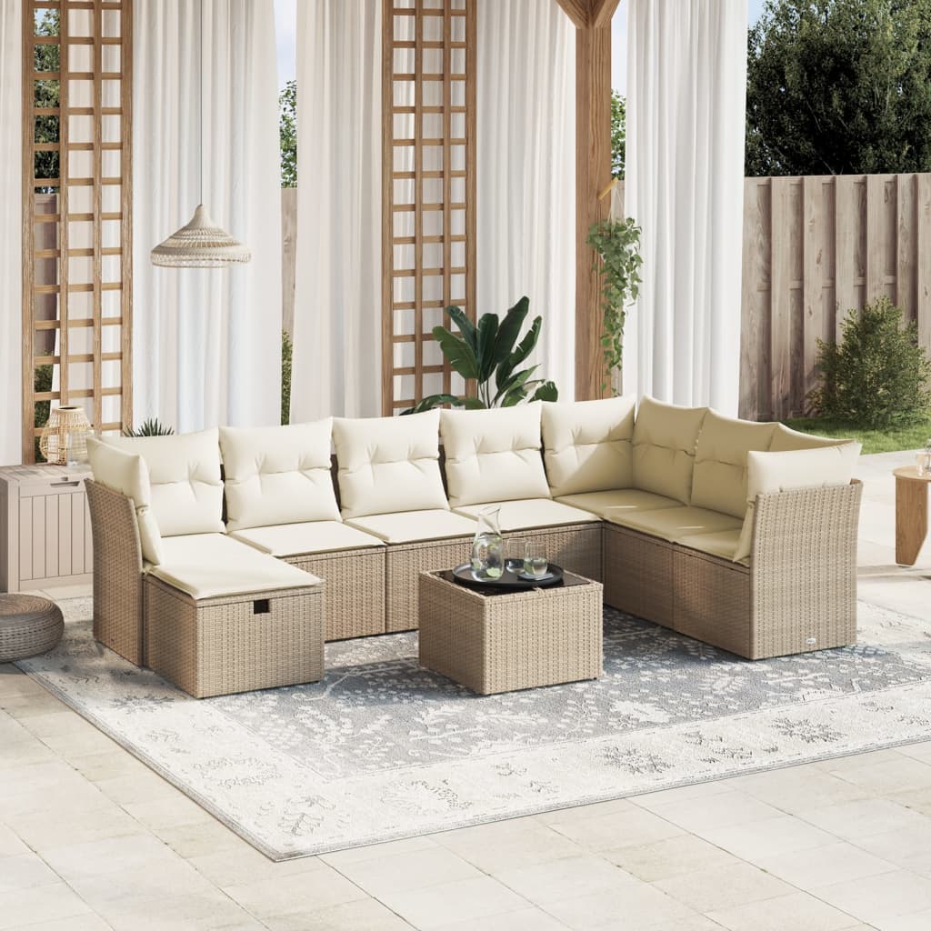 9 Pcs conjunto de sofás p/ jardim com almofadões vime PE bege