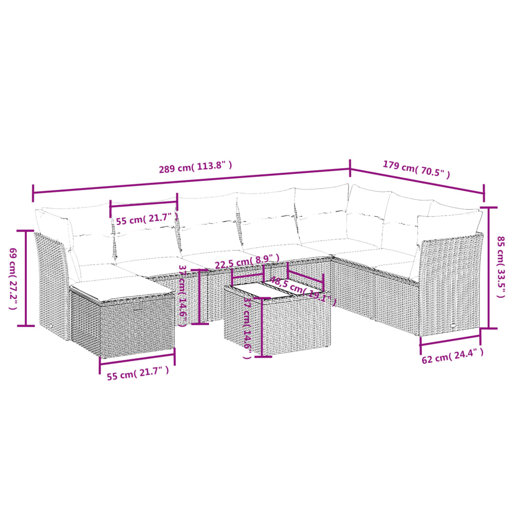 9 Pcs conjunto de sofás p/ jardim com almofadões vime PE bege