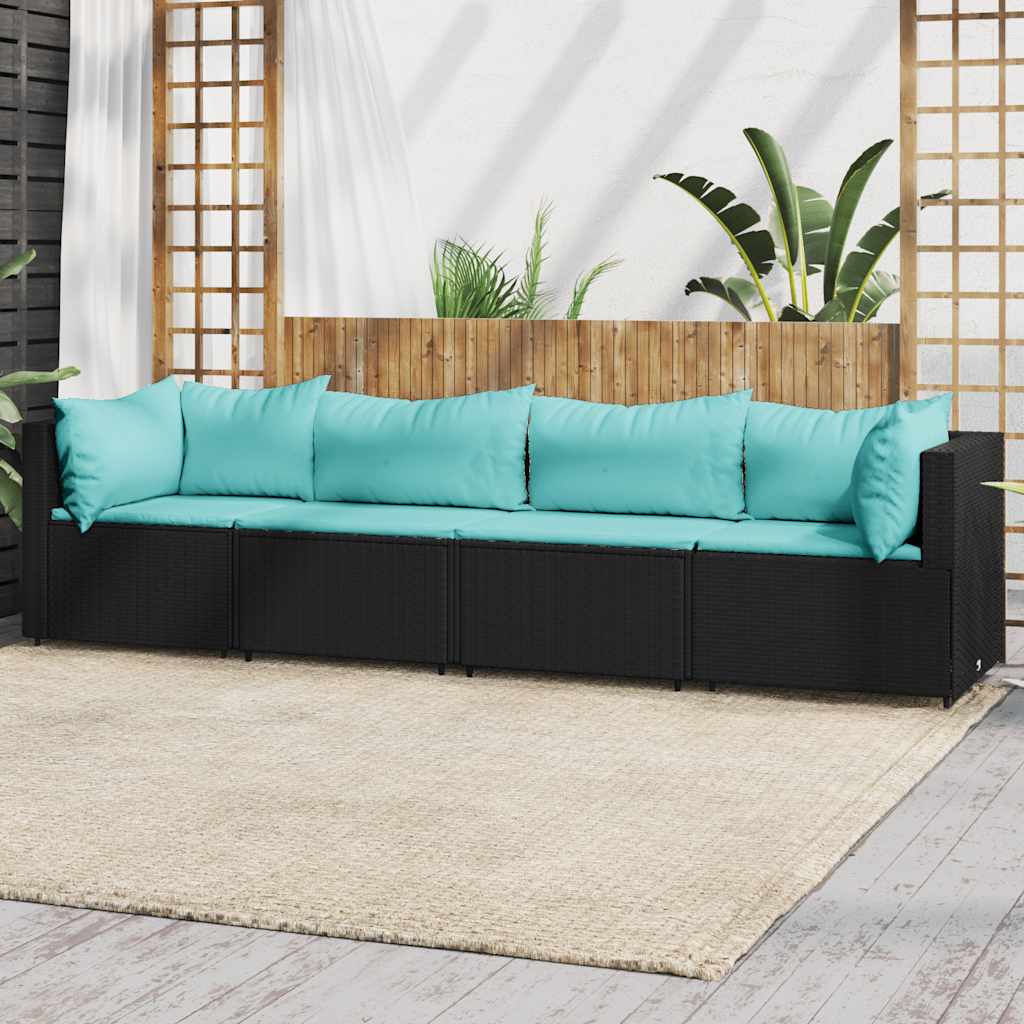 4 Pcs conjunto lounge de jardim c/ almofadões vime PE preto