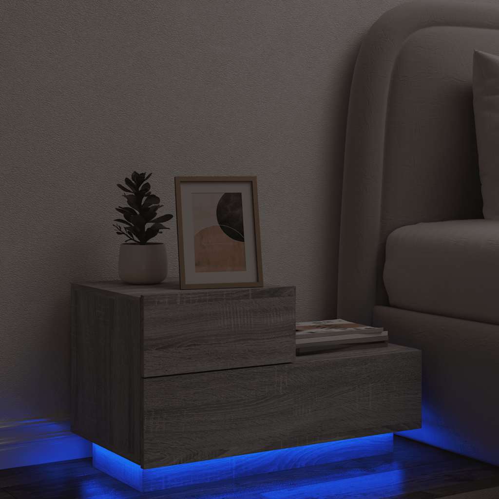 Mesa de cabeceira com luzes LED 70x36x40,5 cm cinzento-sonoma
