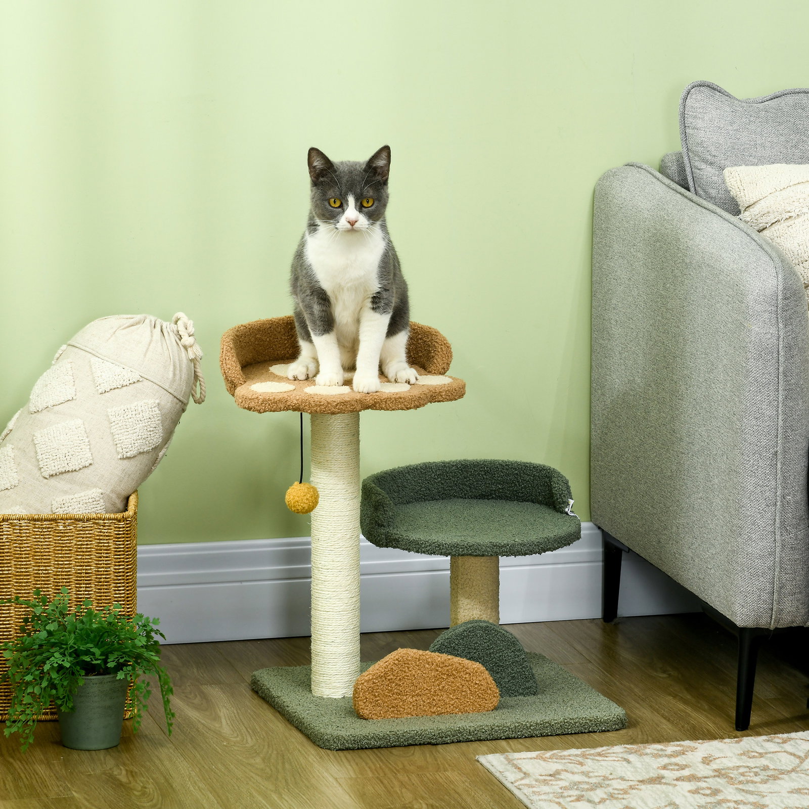 Arranhador para gatos pequeno centro de atividades para gatos com cama poste de sisal e bola suspensa 43x39x52 cm multicor
