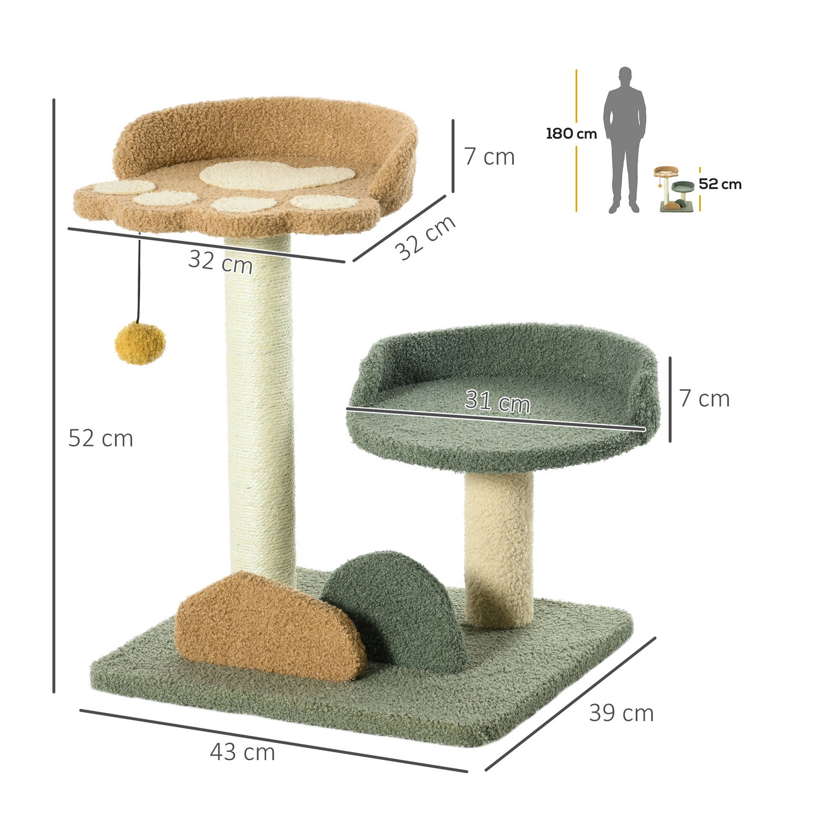 Arranhador para gatos pequeno centro de atividades para gatos com cama poste de sisal e bola suspensa 43x39x52 cm multicor