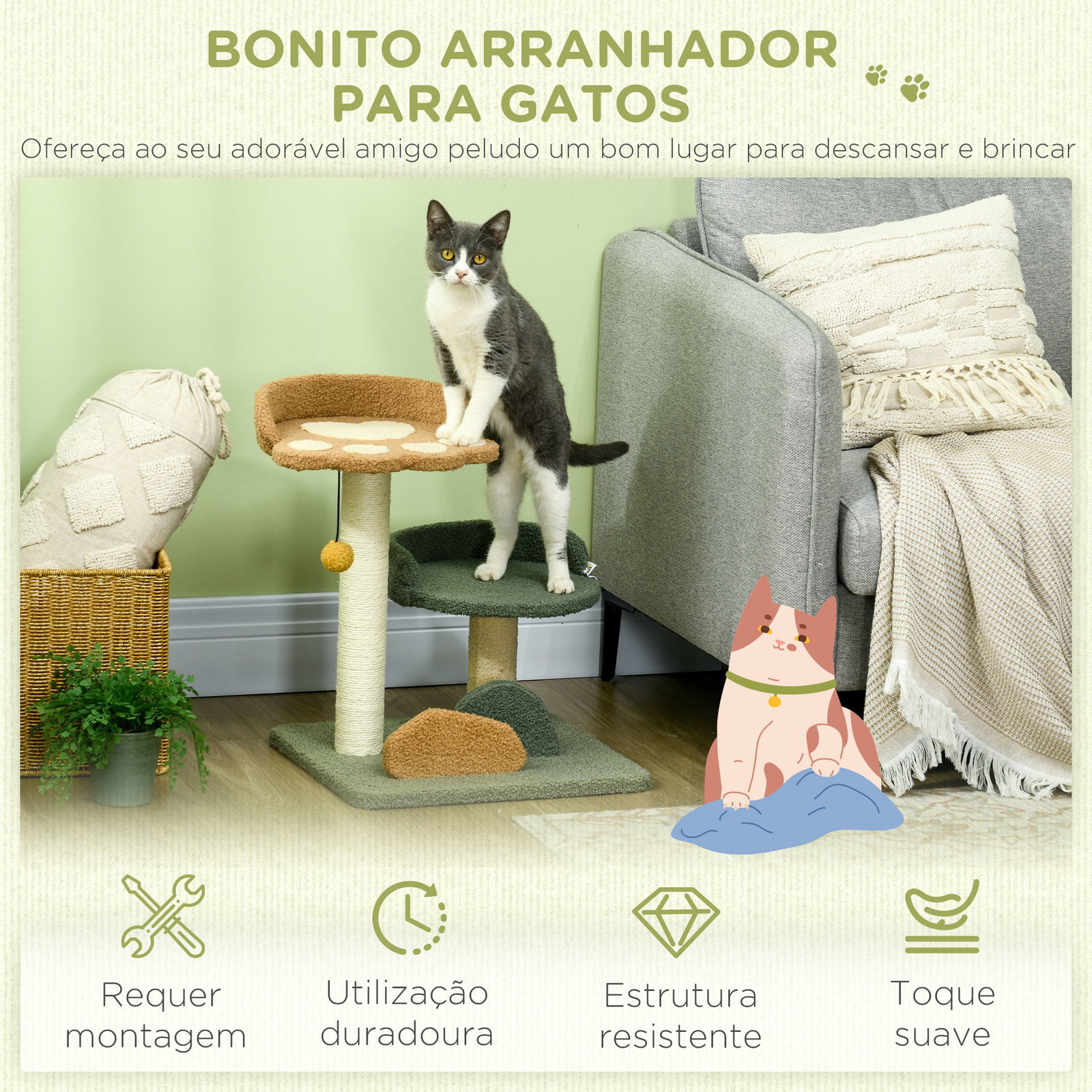 Arranhador para gatos pequeno centro de atividades para gatos com cama poste de sisal e bola suspensa 43x39x52 cm multicor