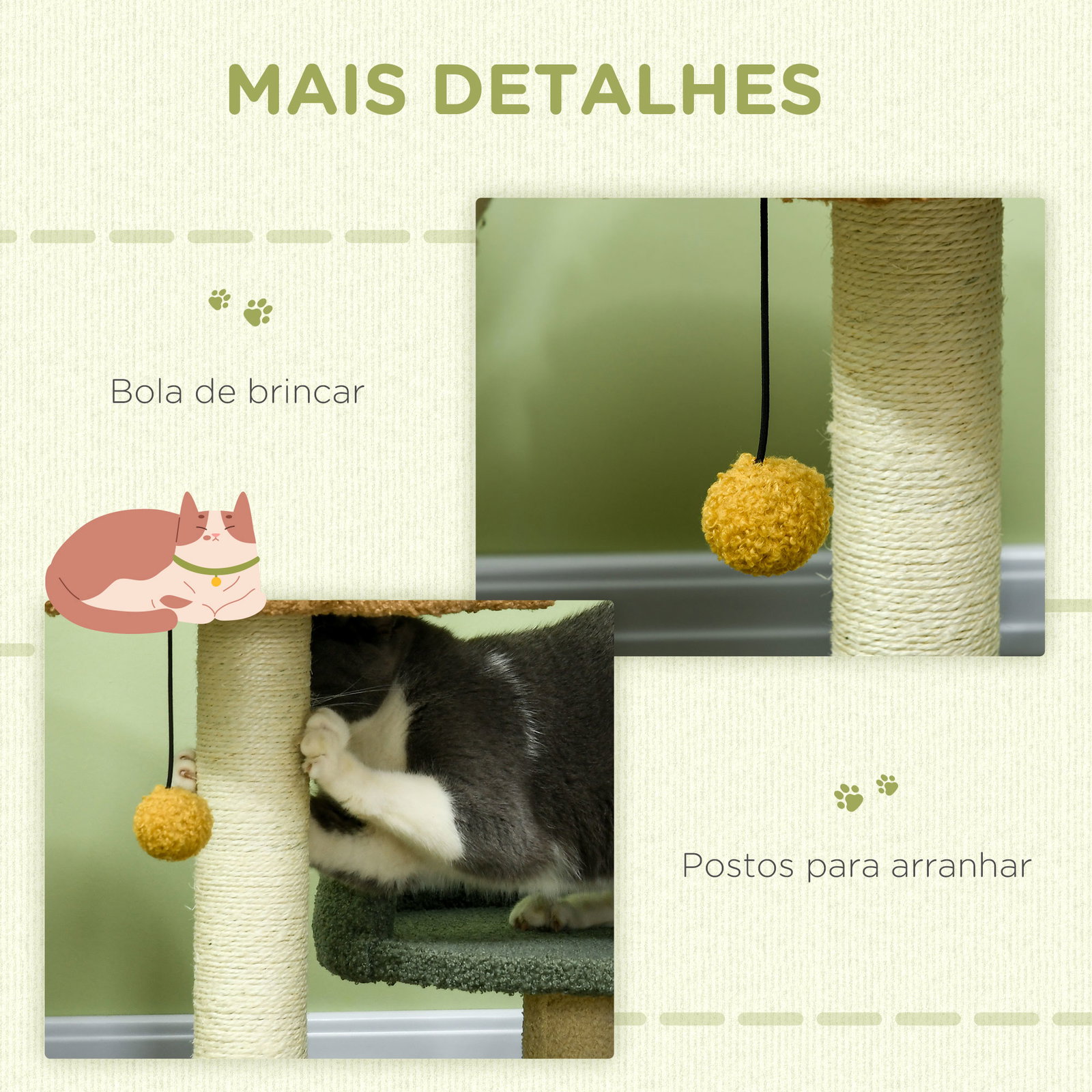 Arranhador para gatos pequeno centro de atividades para gatos com cama poste de sisal e bola suspensa 43x39x52 cm multicor