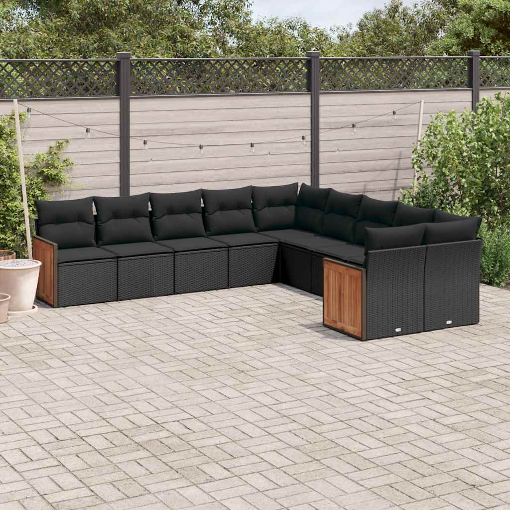 10 Pcs conjunto sofás de jardim c/ almofadões vime PE preto