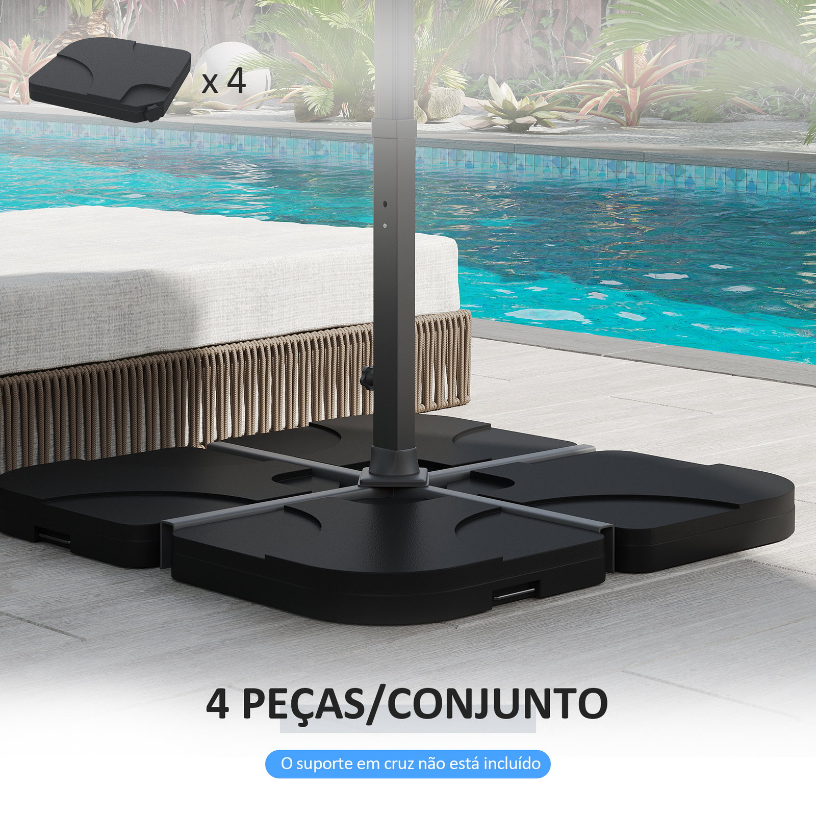 Base para Chapéu de Sol de 4 Peças Suporte para Chapéu de Sol para Jardim Pátio Exterior 50x50x7,5cm Preto