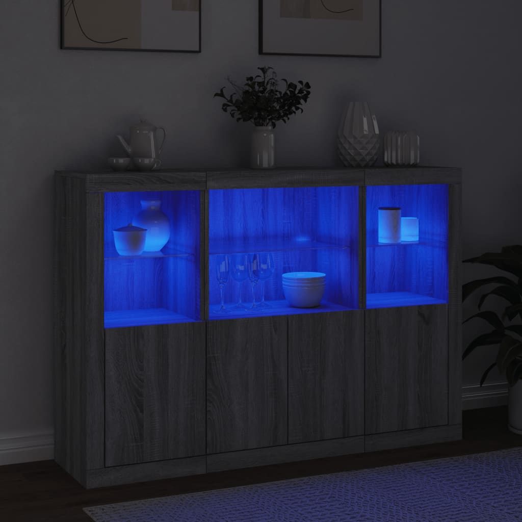 Aparadores c/ leds 3 pcs derivados de madeira cinzento sonoma