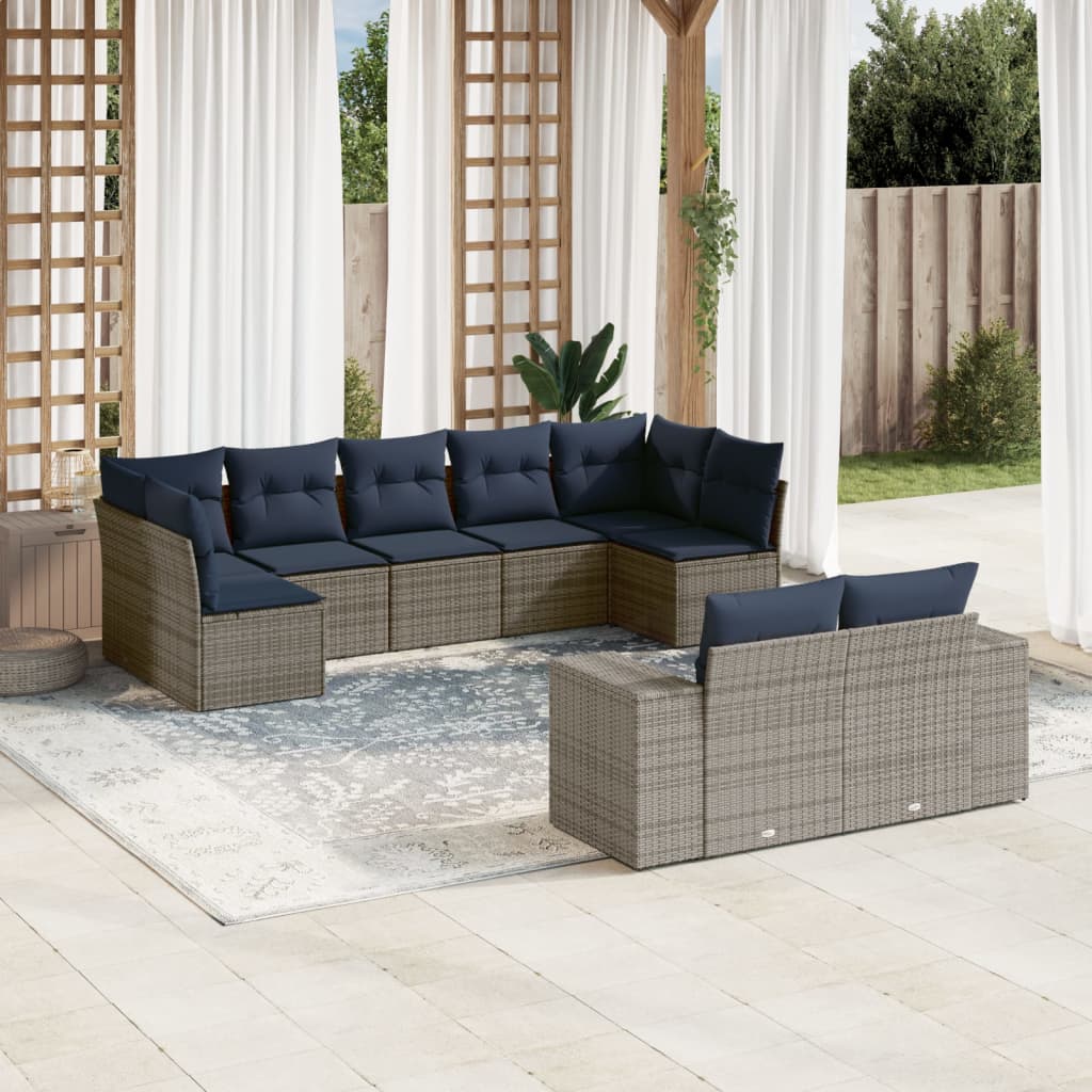 Conjunto de sofá de jardim de 9 peças com almofadas em rattan sintético cinza