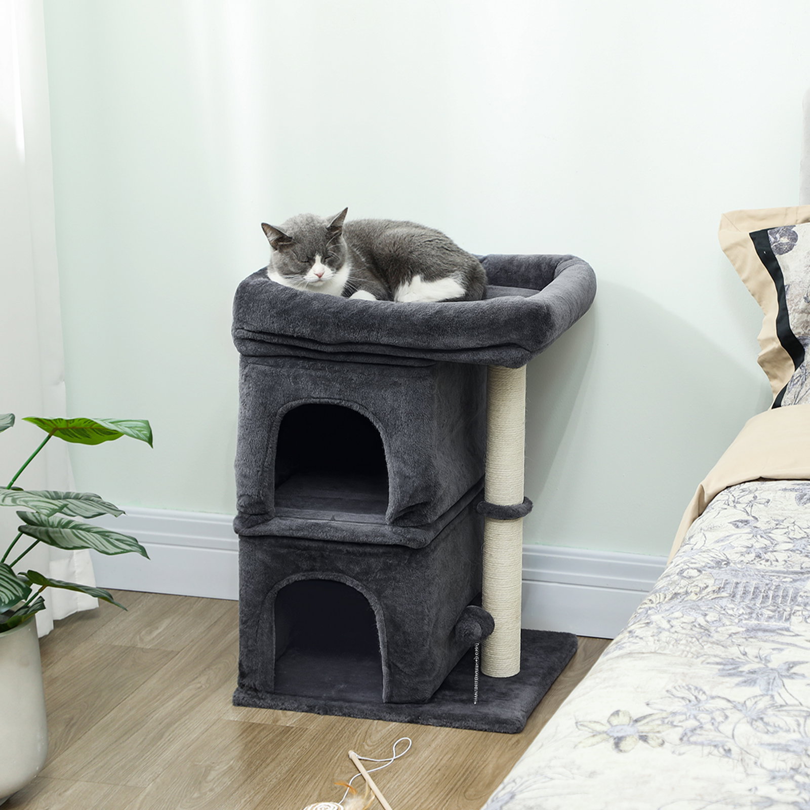 Arranhador para gatos com cama 2 cavernas poste de sisal e bola para brincar 45x40x66 cm cinzento escuro