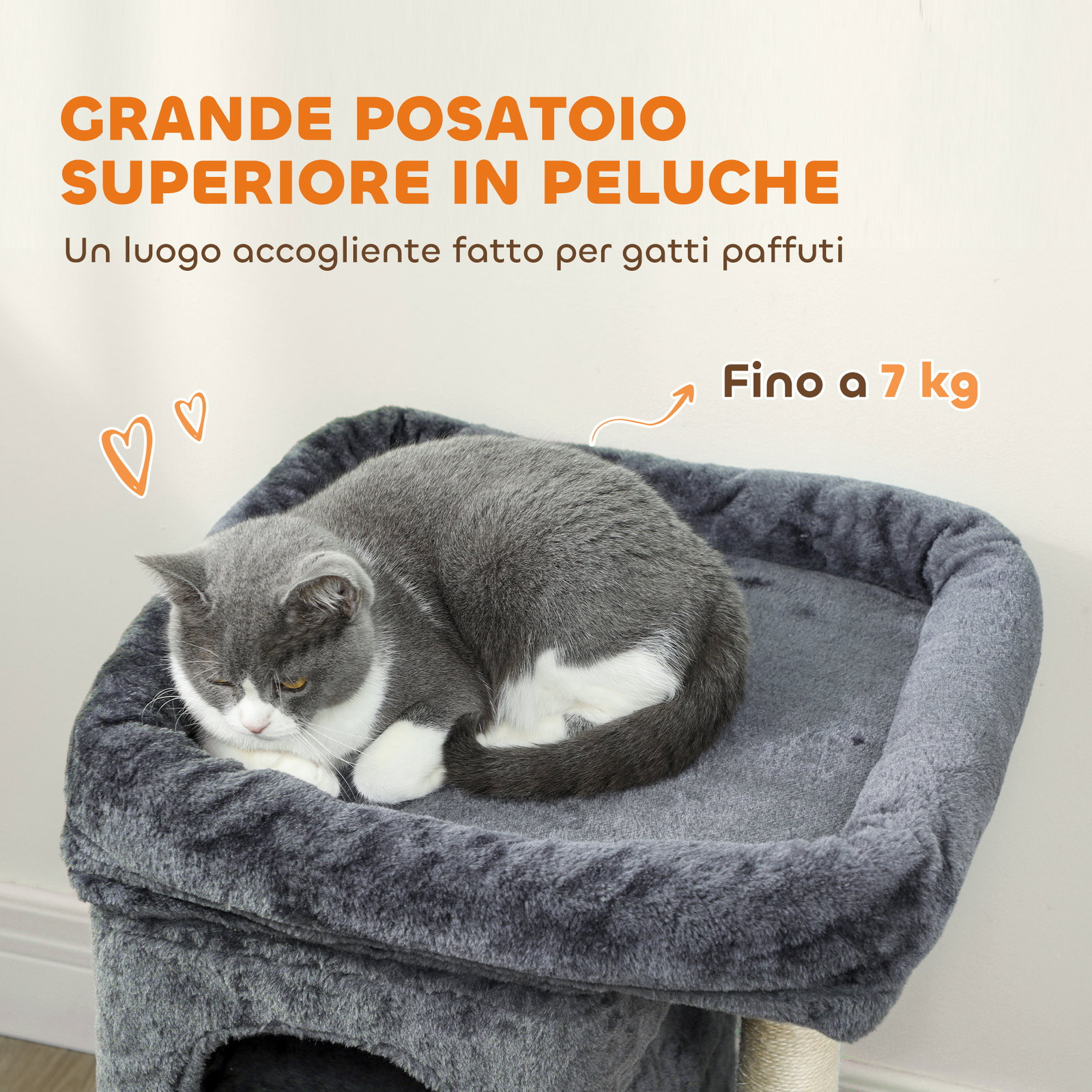 Arranhador para gatos com cama 2 cavernas poste de sisal e bola para brincar 45x40x66 cm cinzento escuro