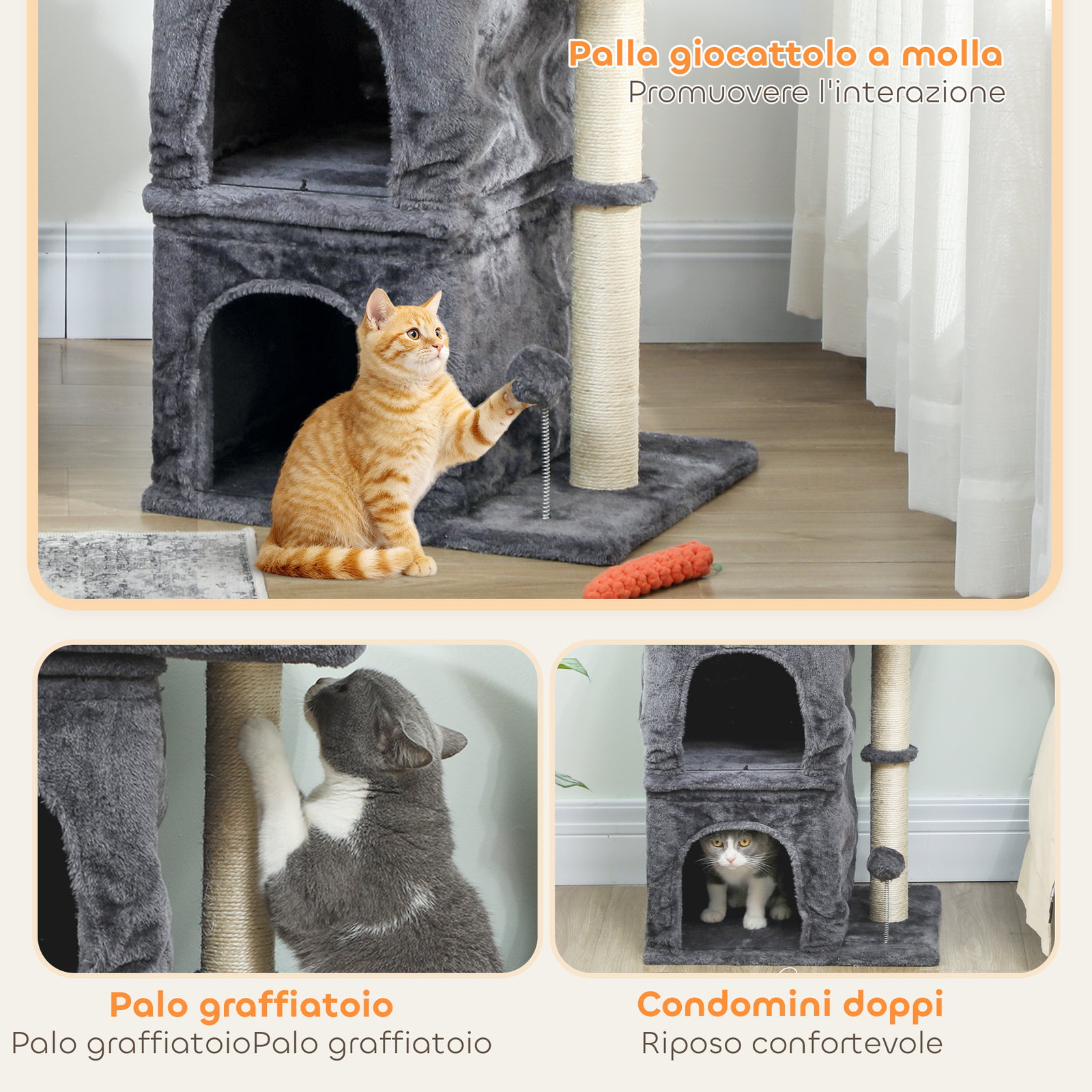 Arranhador para gatos com cama 2 cavernas poste de sisal e bola para brincar 45x40x66 cm cinzento escuro