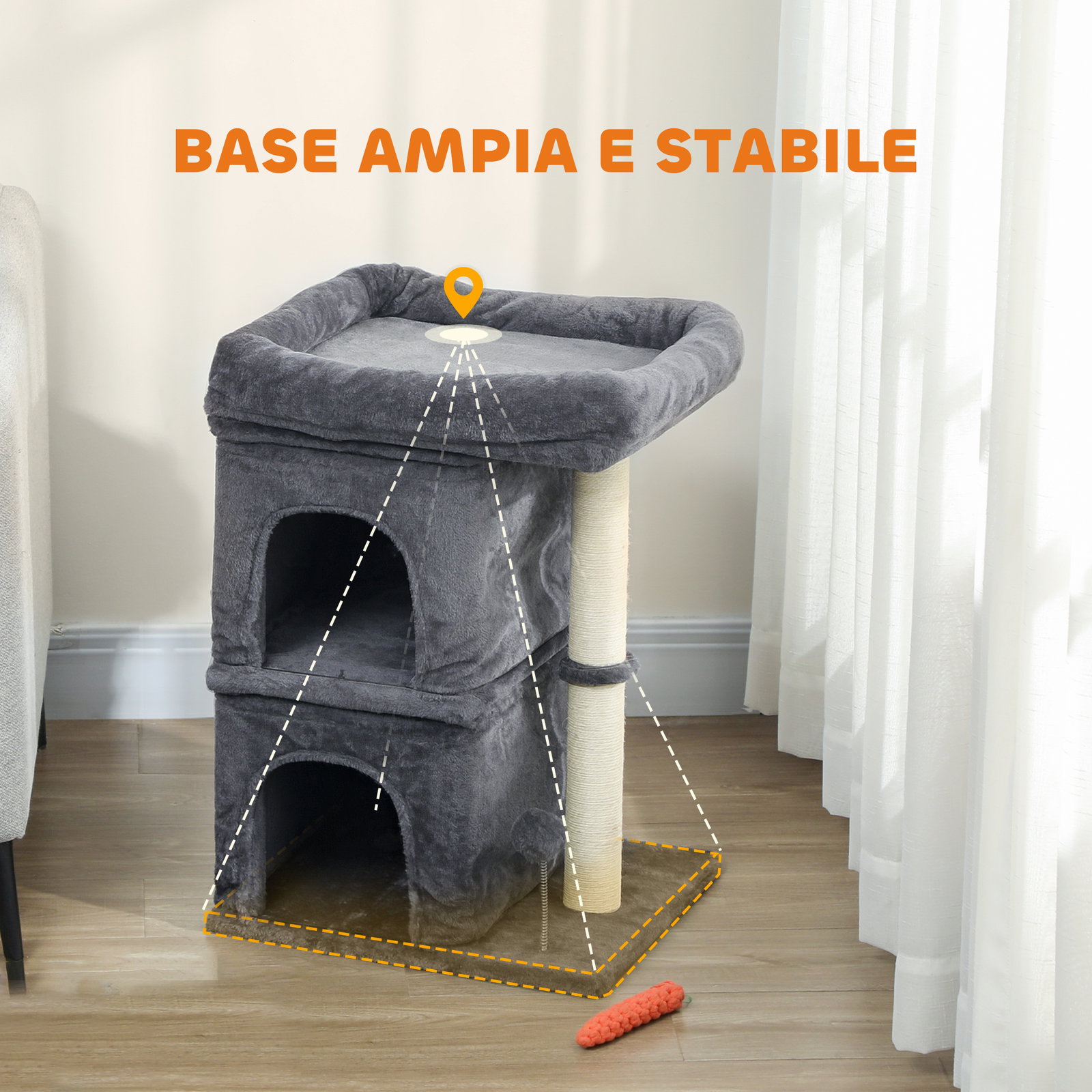 Arranhador para gatos com cama 2 cavernas poste de sisal e bola para brincar 45x40x66 cm cinzento escuro