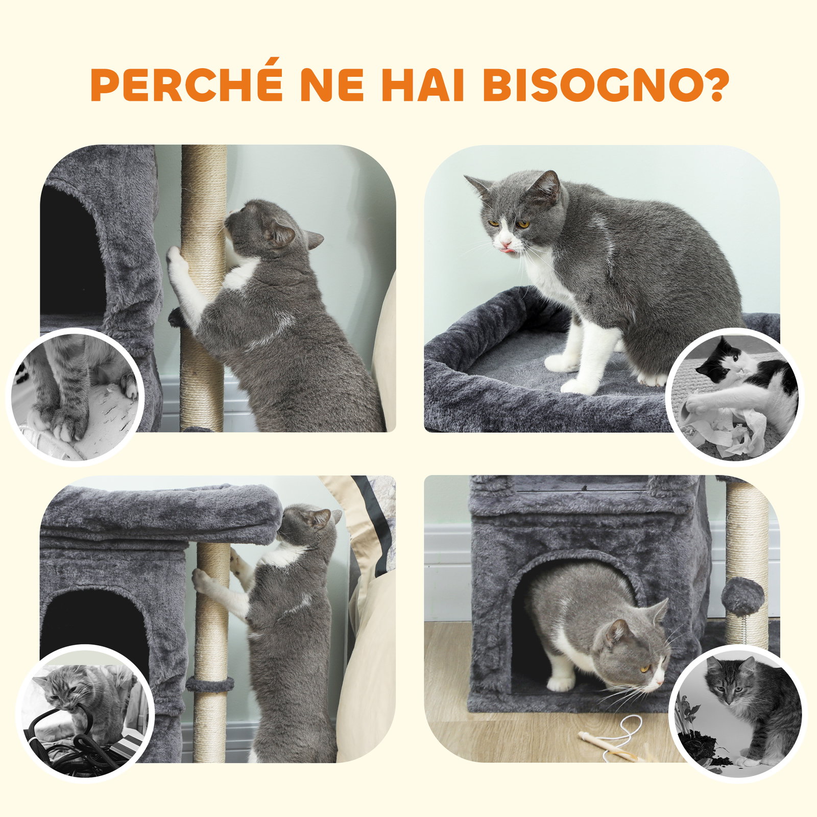 Arranhador para gatos com cama 2 cavernas poste de sisal e bola para brincar 45x40x66 cm cinzento escuro