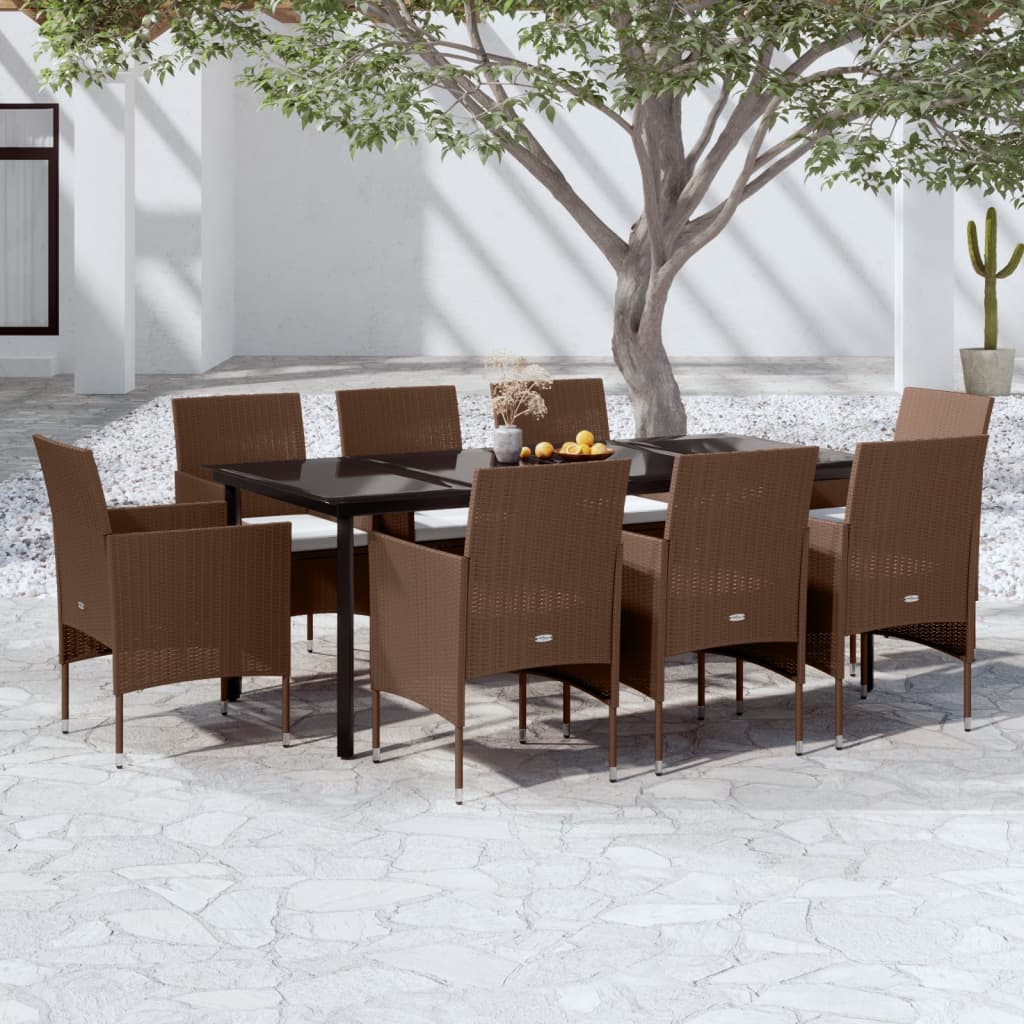 9 Pcs conjunto de jantar p/ jardim c/ almofadões castanho/preto