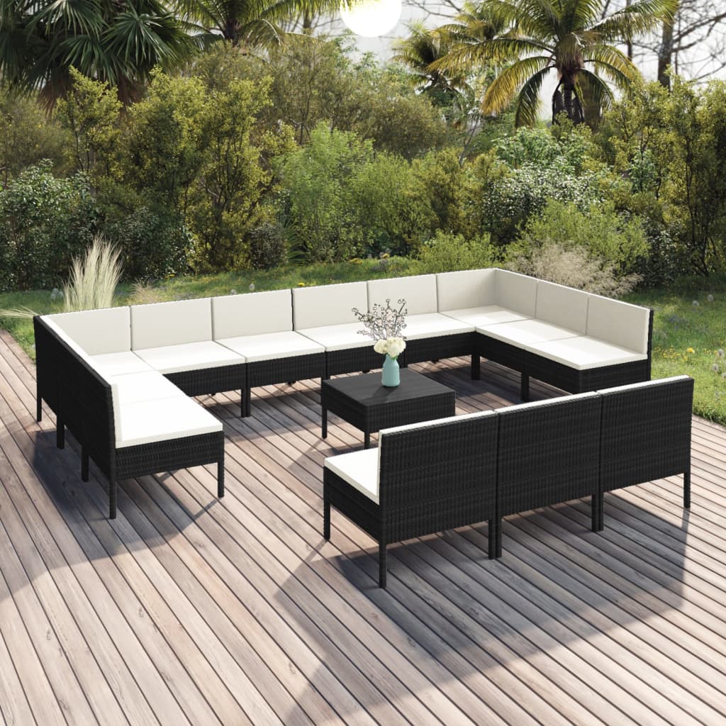 14 Pcs conjunto lounge de jardim c/ almofadões vime PE preto