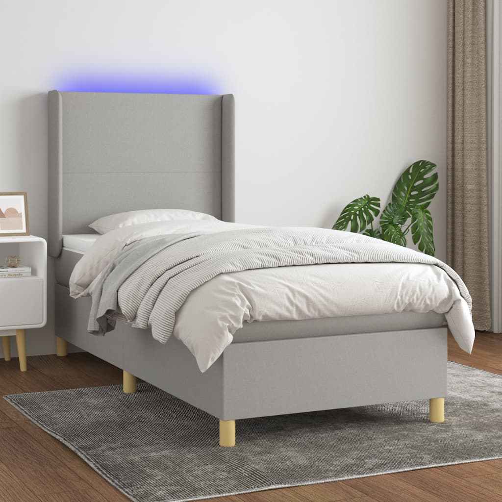 Cama box spring c/ colchão e LED 90x200 cm tecido cinza-claro
