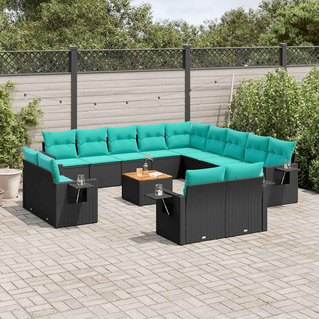 Conjunto de sofá de jardim com 14 peças e almofadas em rattan sintético preto