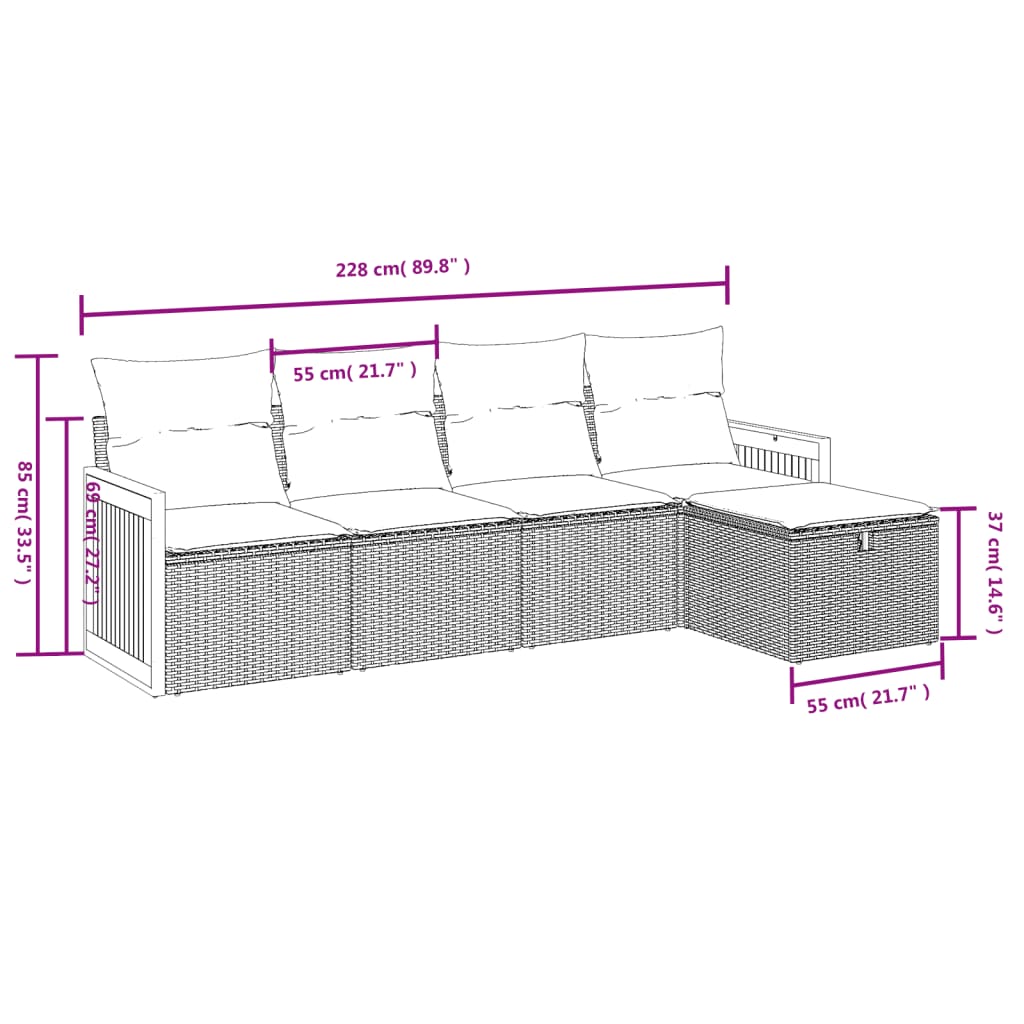 5 Pcs conjunto de sofás p/ jardim com almofadões vime PE bege