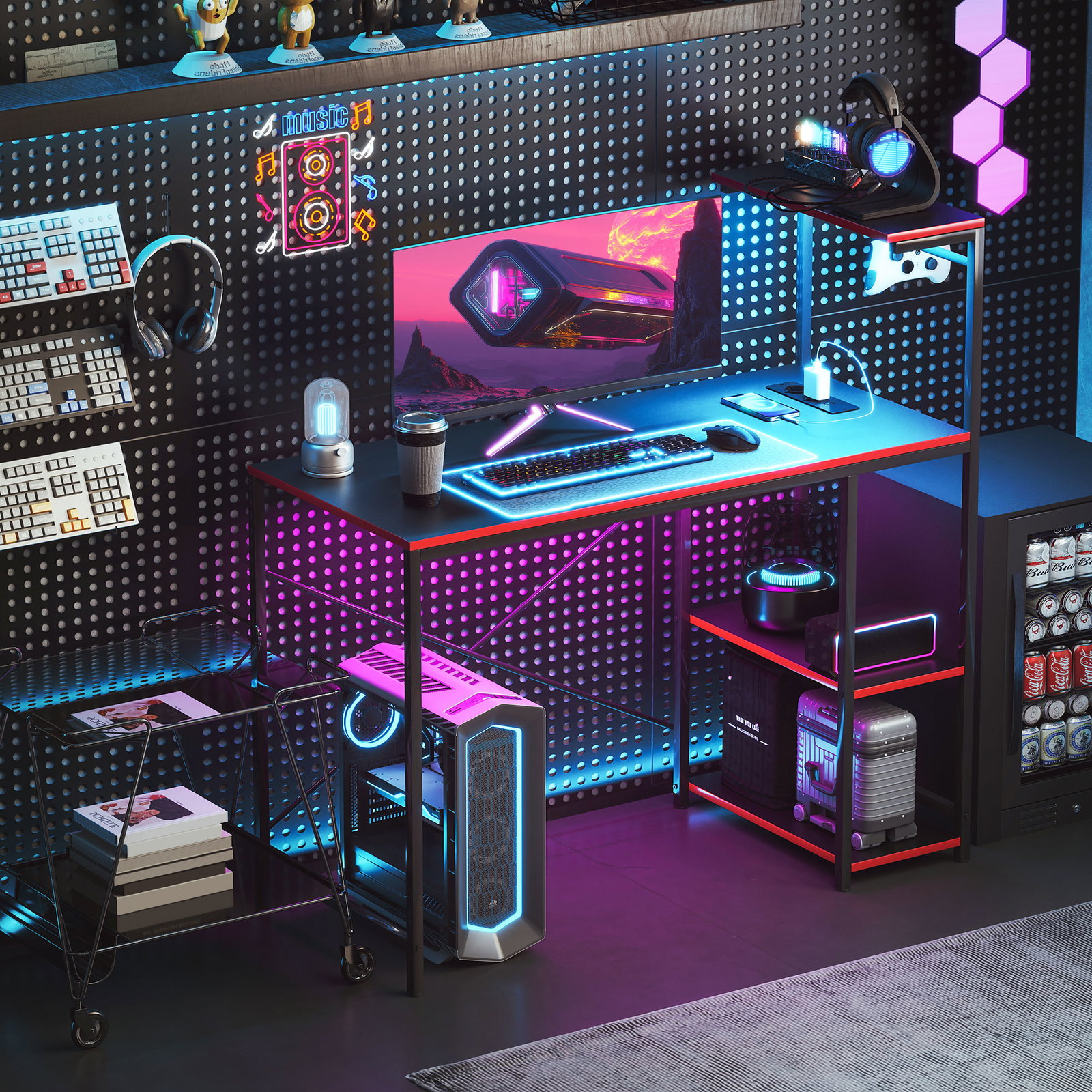 Secretária gaming com luzes LED 100x50 cm secretária gaming de fibra de carbono com tomadas de corrente e controlo remoto preto