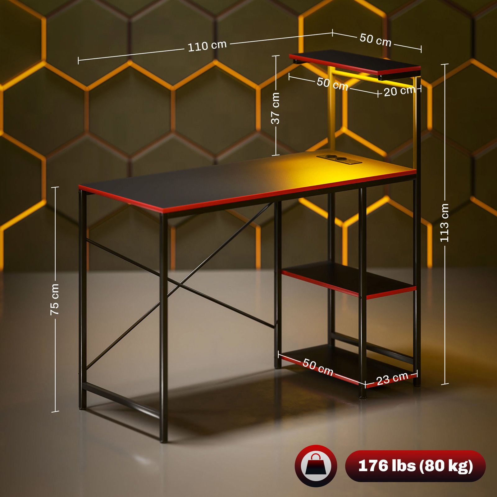 Secretária gaming com luzes LED 100x50 cm secretária gaming de fibra de carbono com tomadas de corrente e controlo remoto preto