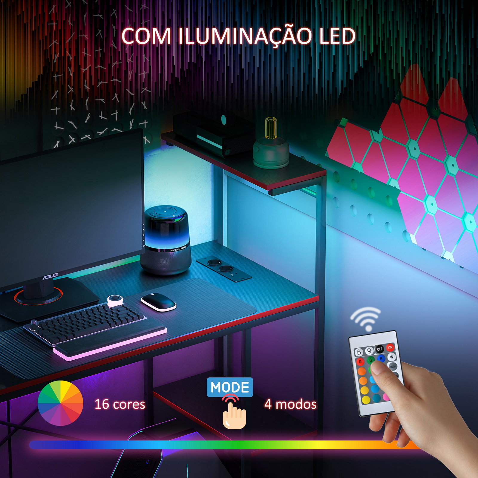 Secretária gaming com luzes LED 100x50 cm secretária gaming de fibra de carbono com tomadas de corrente e controlo remoto preto