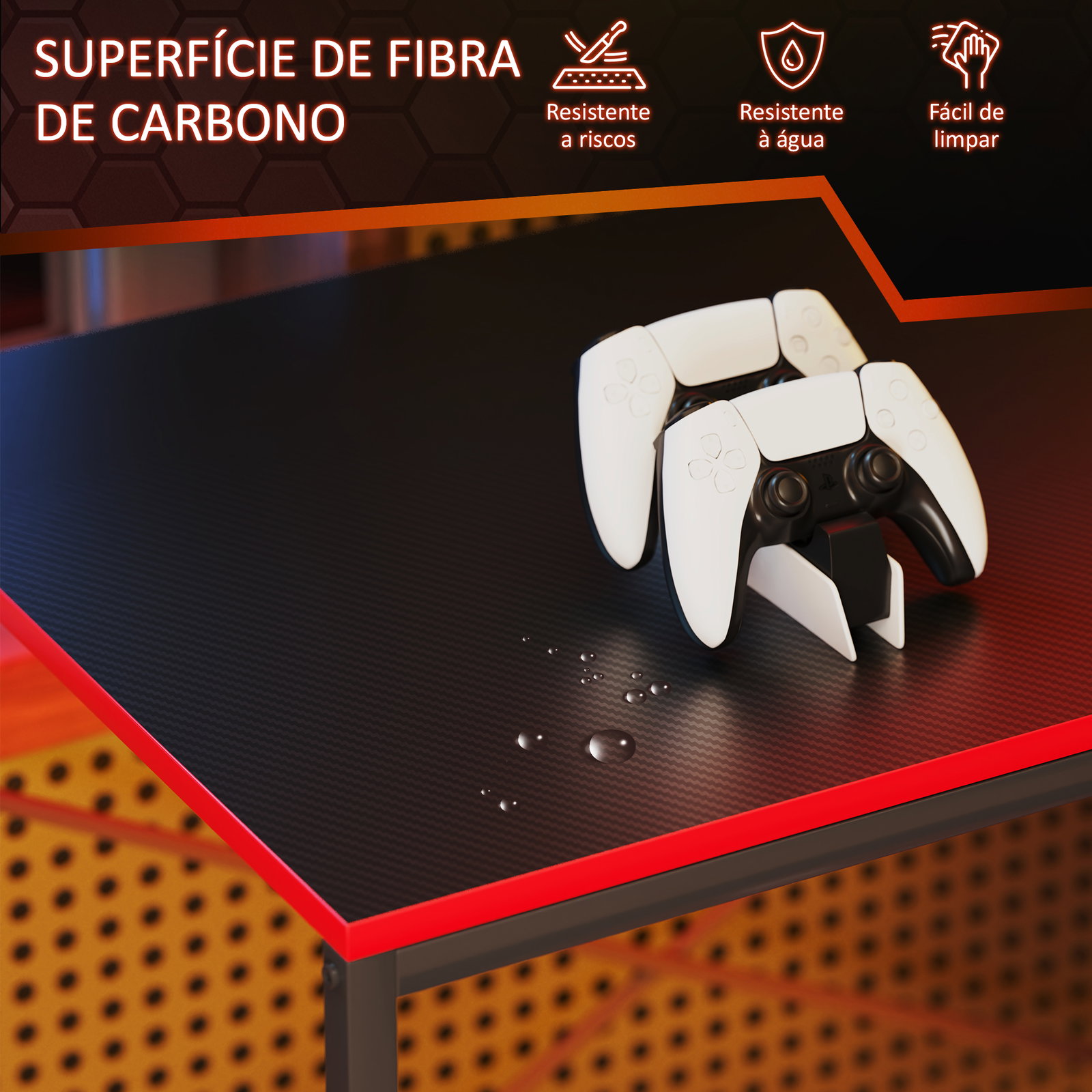 Secretária gaming com luzes LED 100x50 cm secretária gaming de fibra de carbono com tomadas de corrente e controlo remoto preto
