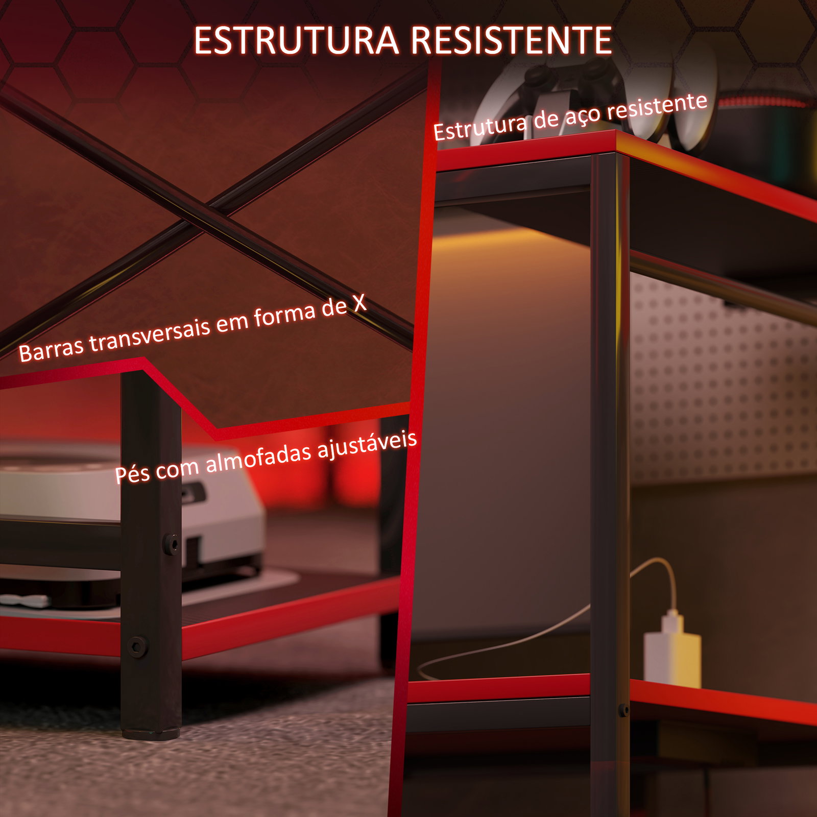 Secretária gaming com luzes LED 100x50 cm secretária gaming de fibra de carbono com tomadas de corrente e controlo remoto preto