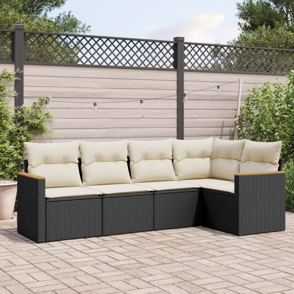 5 Pcs conjunto sofás de jardim com almofadões vime PE preto