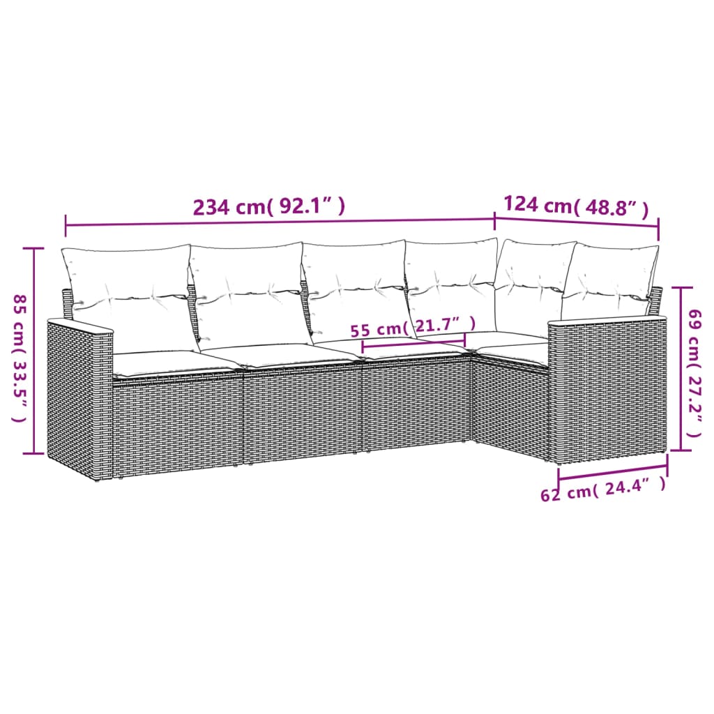 5 Pcs conjunto sofás de jardim com almofadões vime PE preto