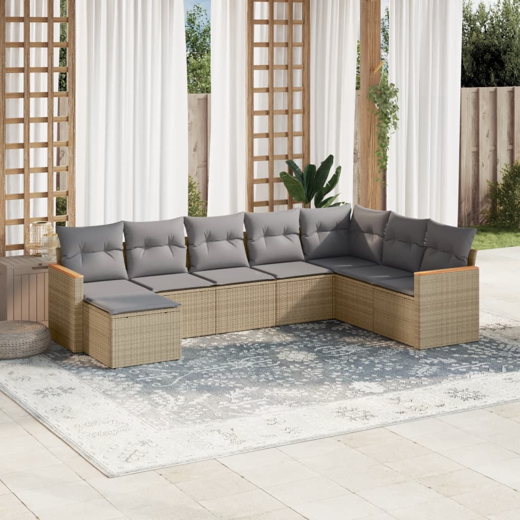 8 Pcs conj. sofás jardim c/ almofadões vime PE bege misturado