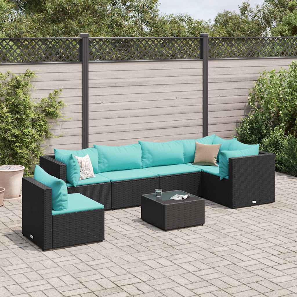 7 Pcs conjunto lounge de jardim c/ almofadões vime PE preto