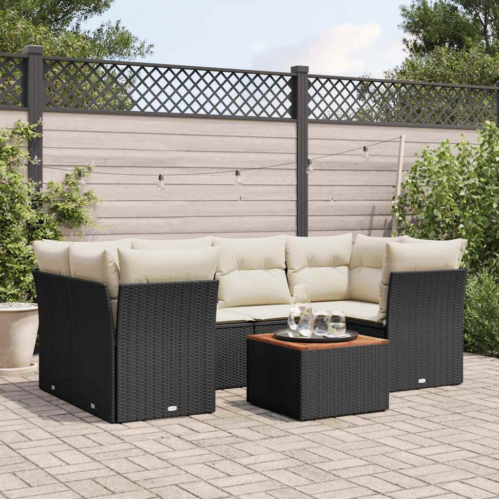 7 Pcs conjunto de sofás p/ jardim c/ almofadões vime PE preto