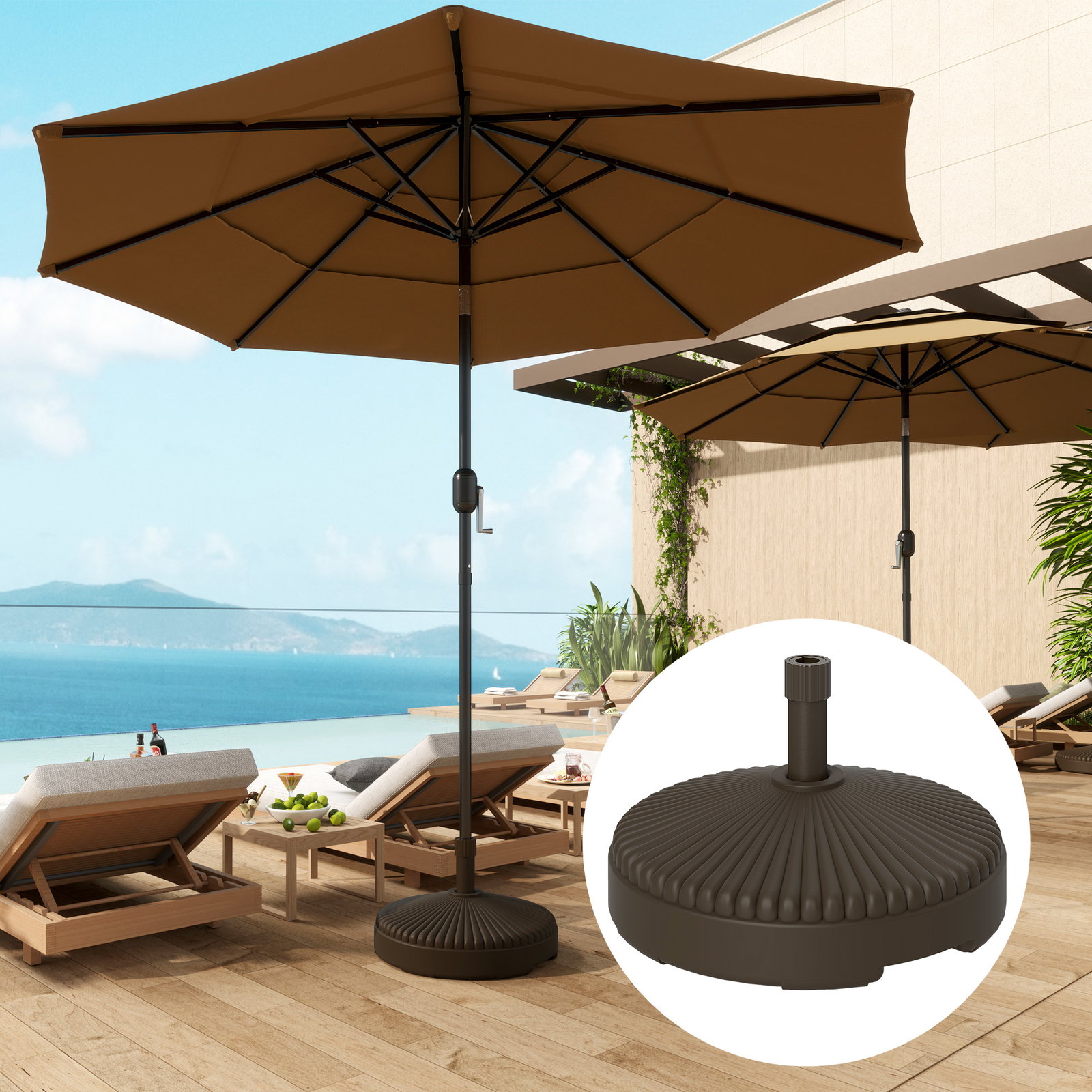 Base para chapéu de sol redonda suporte para chapéu de sol preenchível com água 23l ou areia 28kg ø55x30 cm marrom