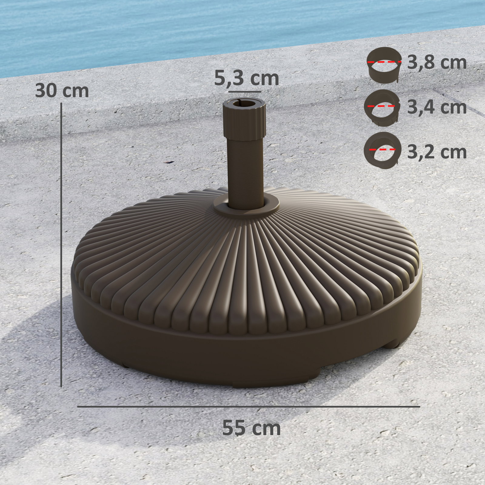 Base para chapéu de sol redonda suporte para chapéu de sol preenchível com água 23l ou areia 28kg ø55x30 cm marrom